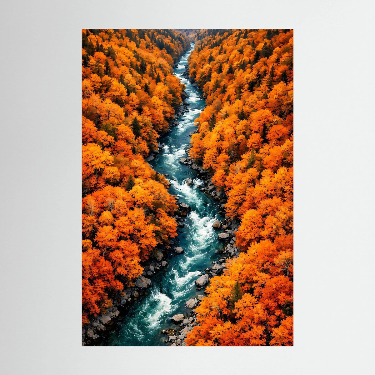 Vertikales Wandbild mit Fluss im Herbstwald und leuchtend orangefarbenen Baumkronen