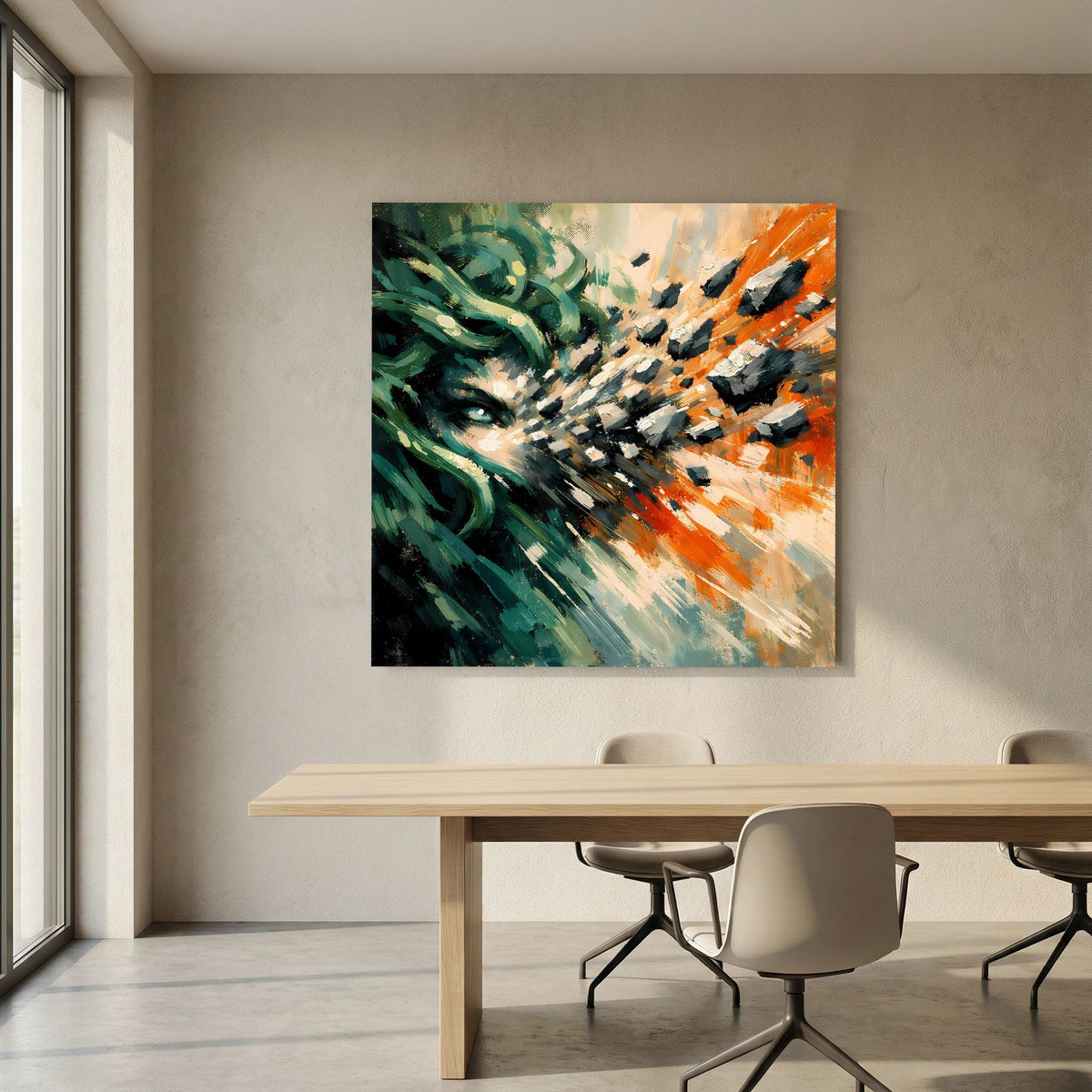 Abstraktes Leinwandbild mit Medusa-Motiv, grün-orange Farbflächen über Esstisch