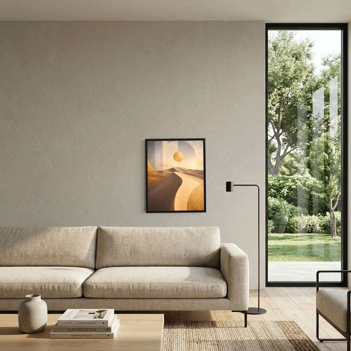 Gerahmtes Poster an der Wand: abstrakte Dünenlandschaft mit Sonne
