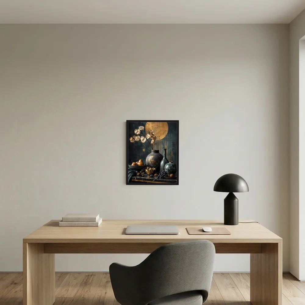 Hochformatiges Kunstposter mit goldenen Blättern und Vasen-Stillleben, schwarz gerahmt.