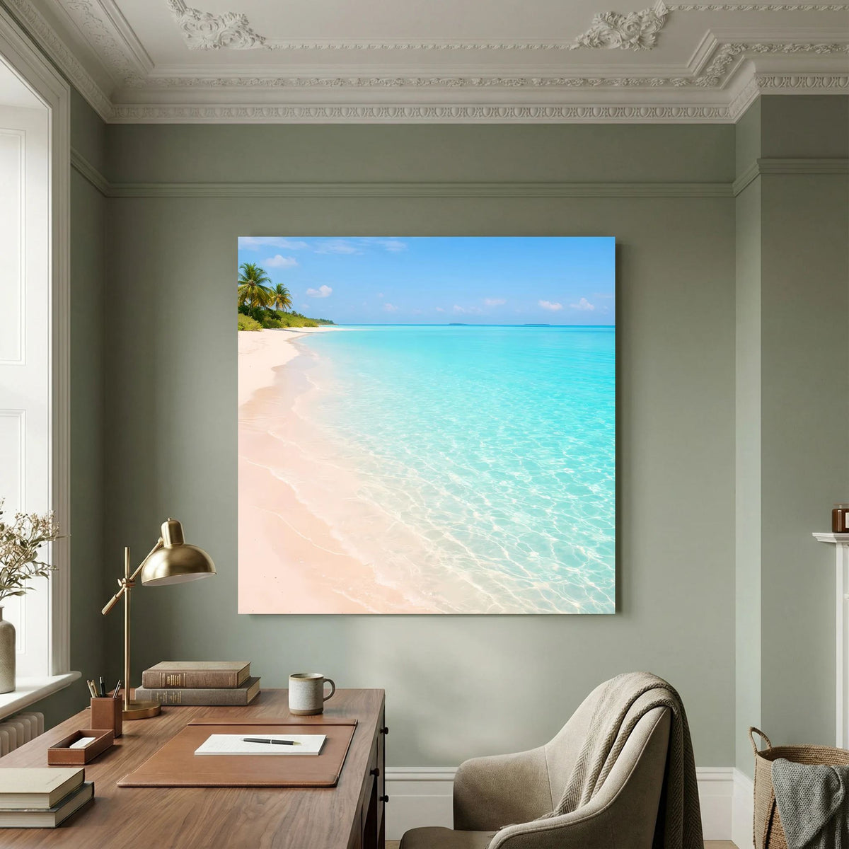 Rechteckiges Leinwandbild mit tropischem Sandstrand, türkisblauem Wasser und Palmen am Ufer