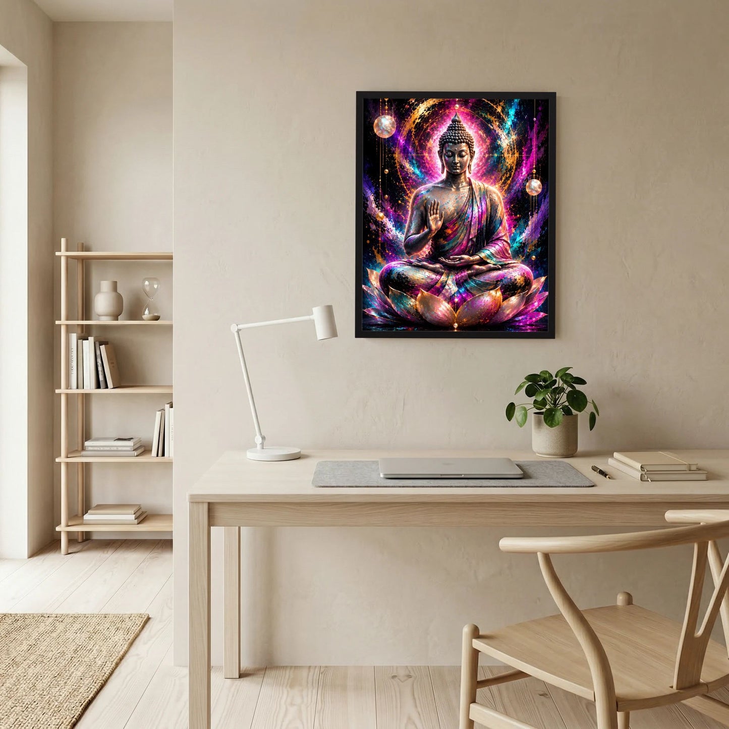 Gerahmtes Buddha-Poster mit meditiertem Buddha auf Lotus, leuchtende Farbübergänge