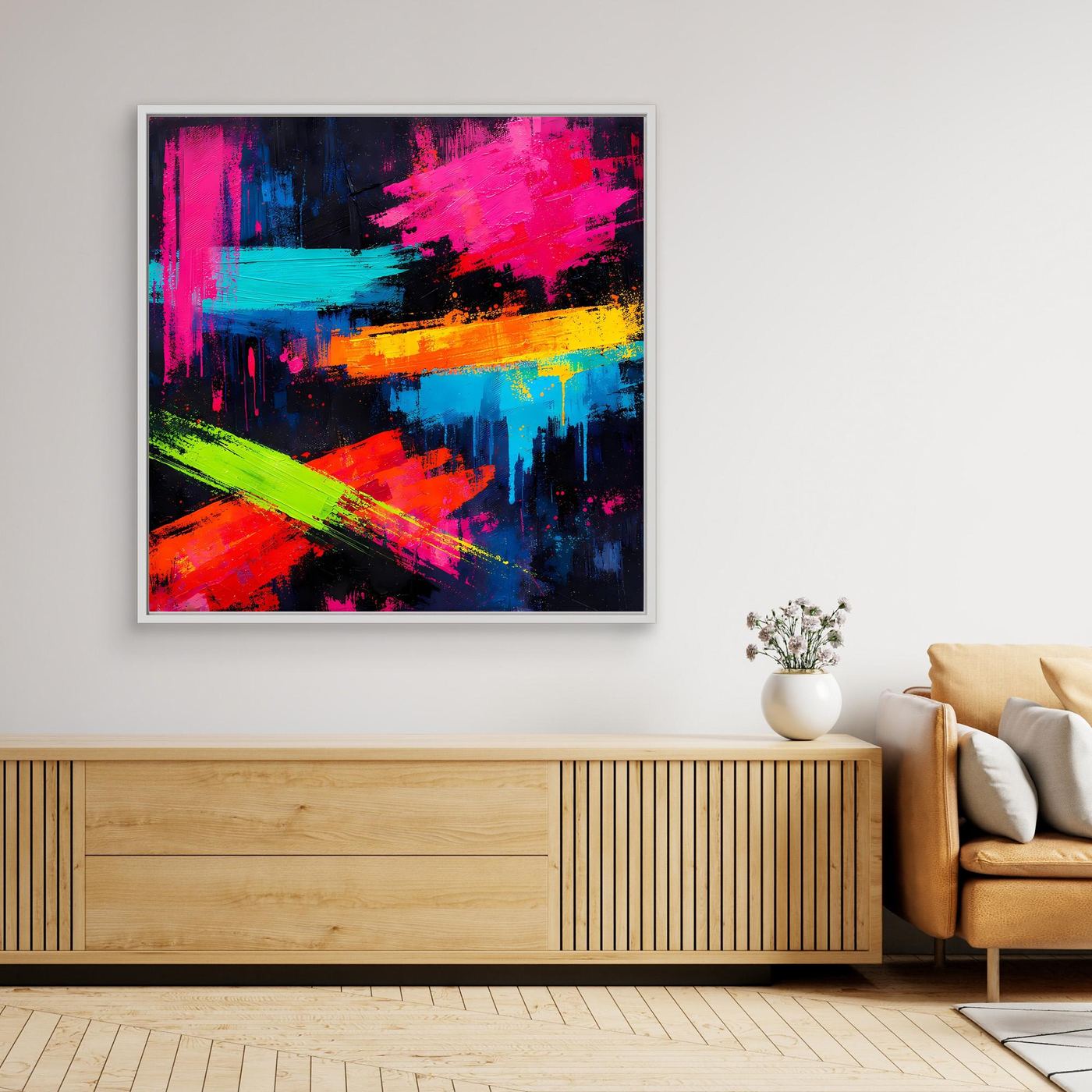 Abstraktes Leinwand-Wandbild mit Neonfarbexplosion, hell silberner Rahmen