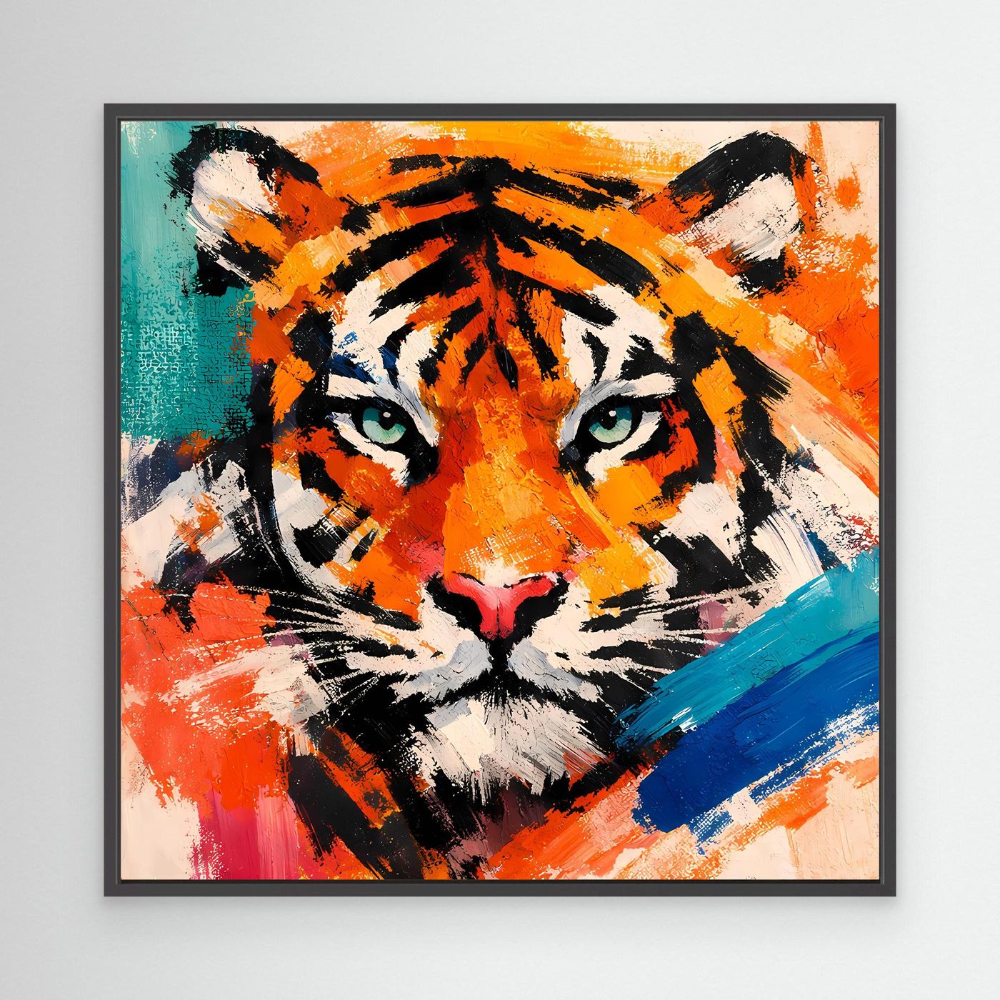 Abstract tiger wall art in a black frame, orange-and-black tiger face with teal and blue strokes