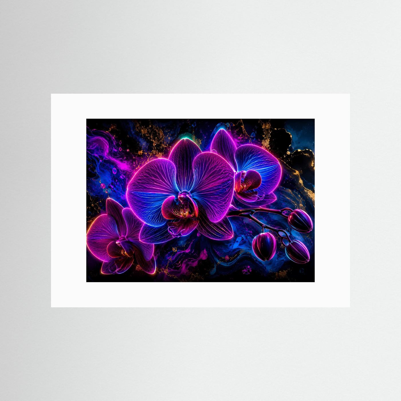 Neon Orchideen Poster | Leuchtende Orchideen in Pink Blau | Moderne Abstrakte Blumen Wandkunst mit Gold Akzenten