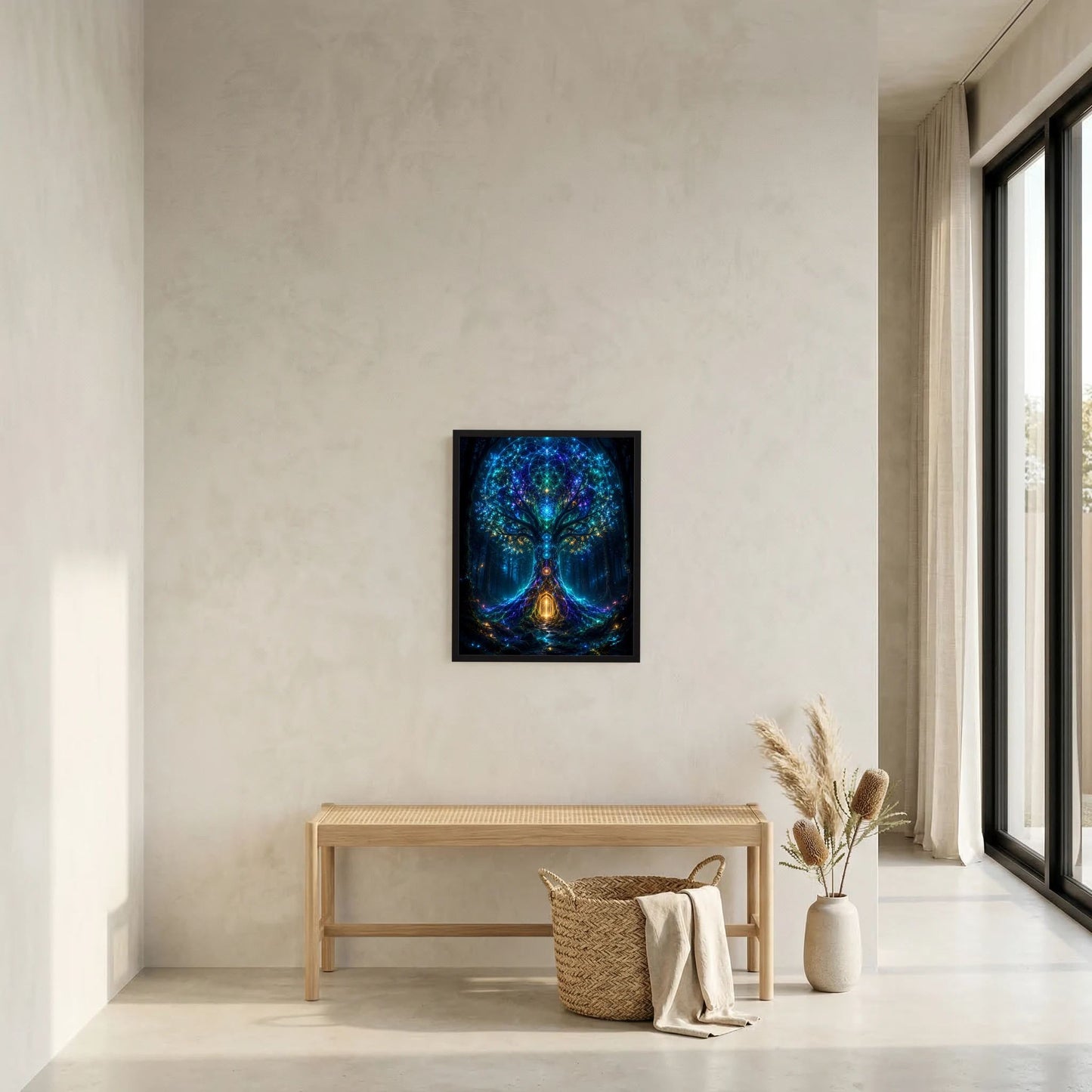 Wandposter im schwarzen Rahmen mit blau leuchtendem Baum-Motiv