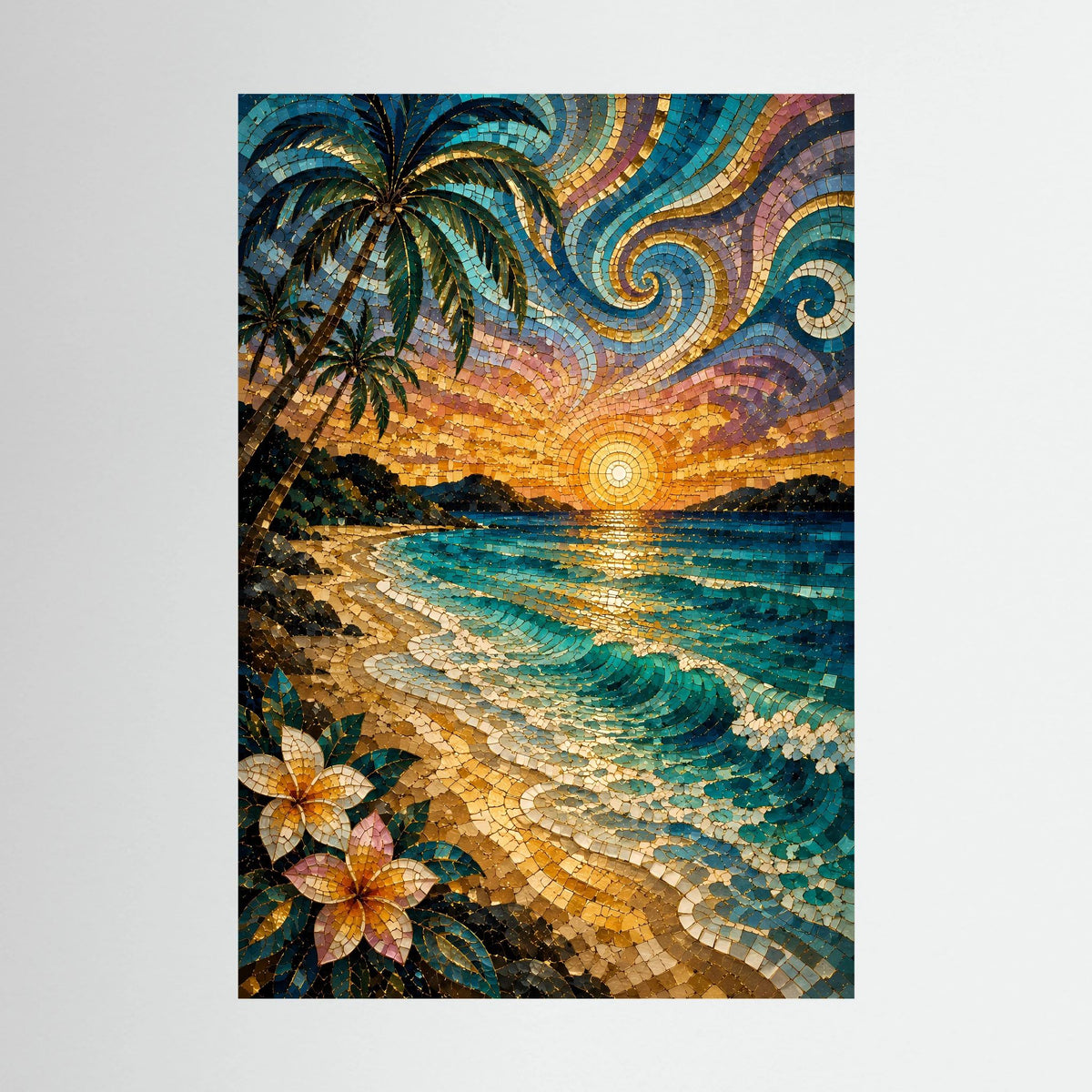 Hochformat-Poster im Mosaikstil mit Palmen, türkisblauem Meer und goldenem Sonnenuntergang