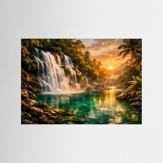 Querformat-Poster mit dunklem Holzrahmen: Wasserfall im Dschungel über türkisfarbenem Wasser