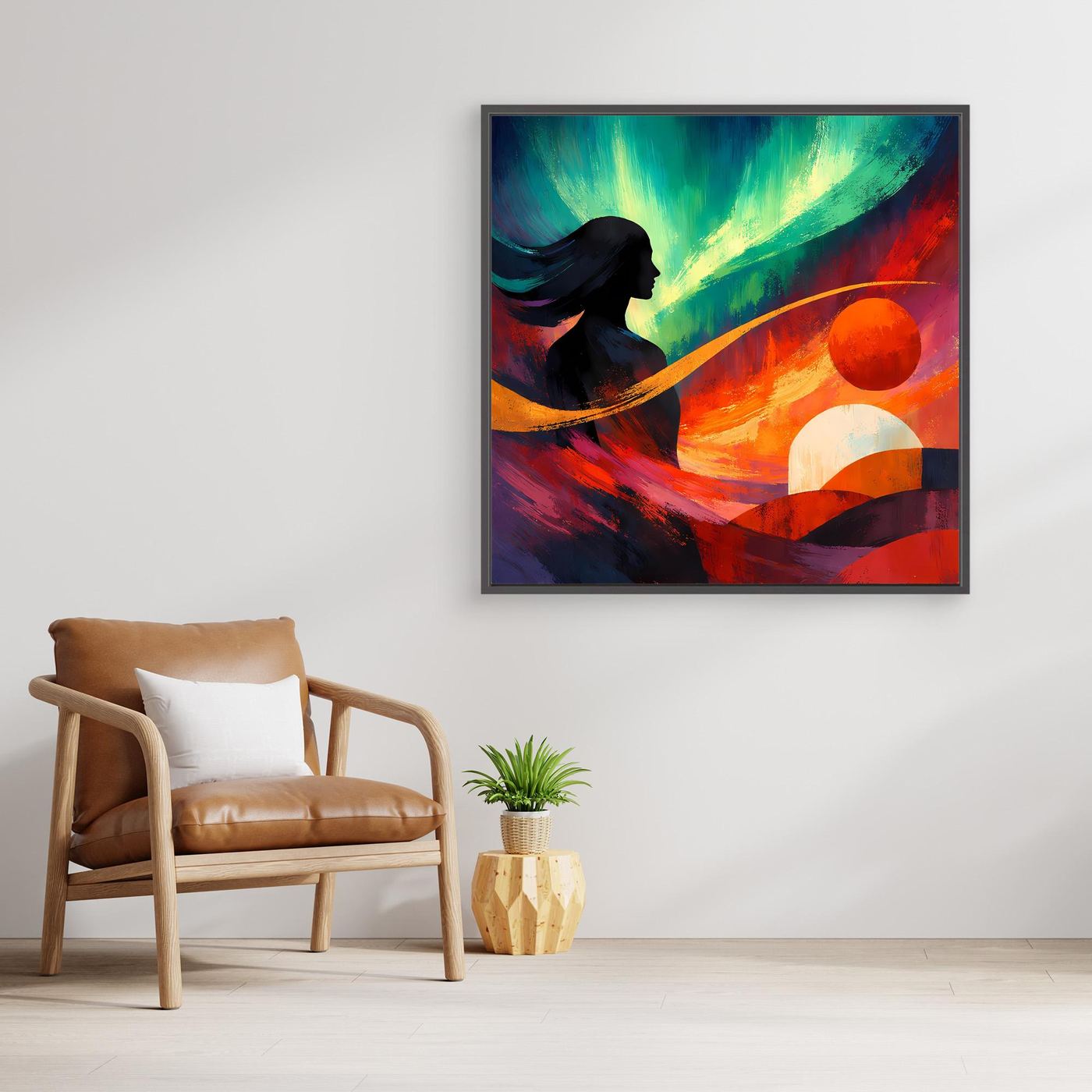 Abstraktes Polarlicht-Leinwandbild mit Schattenfigur und Kreisformen in Grün, Orange und Rot.