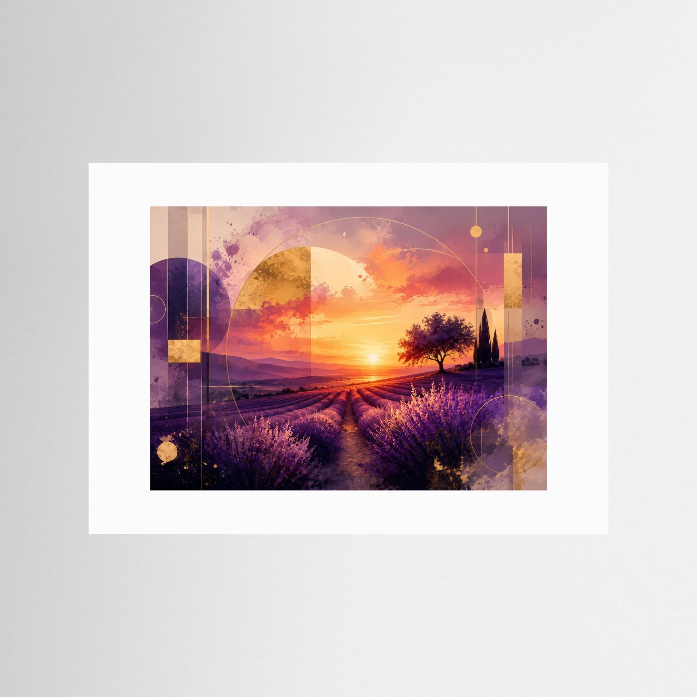 Kunstdruck im weißen Passepartout: Lavendelfeld bei Sonnenuntergang in Lila und Gold