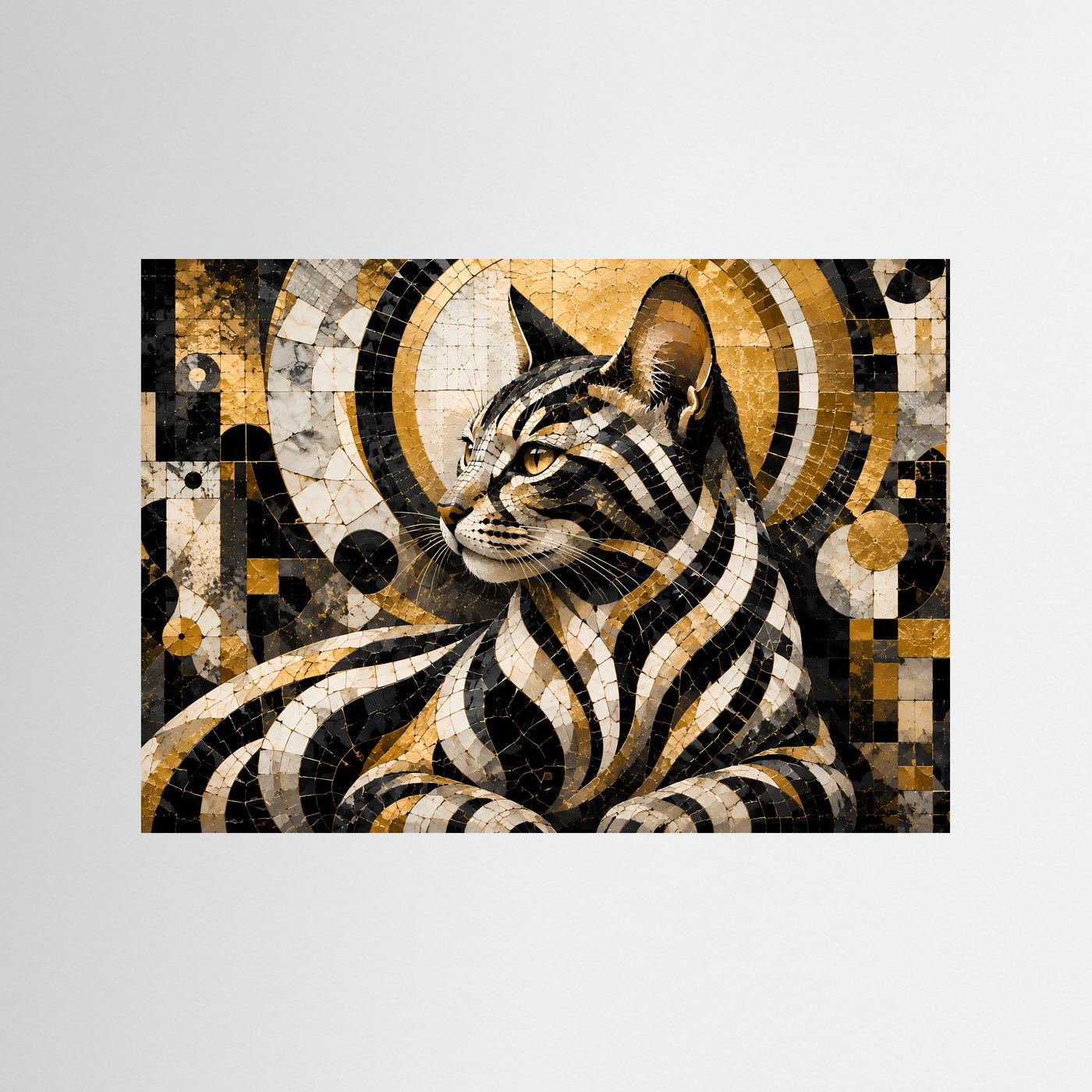 Poster im Querformat mit abstrakter Katze im Mosaikstil, Schwarz und Gold