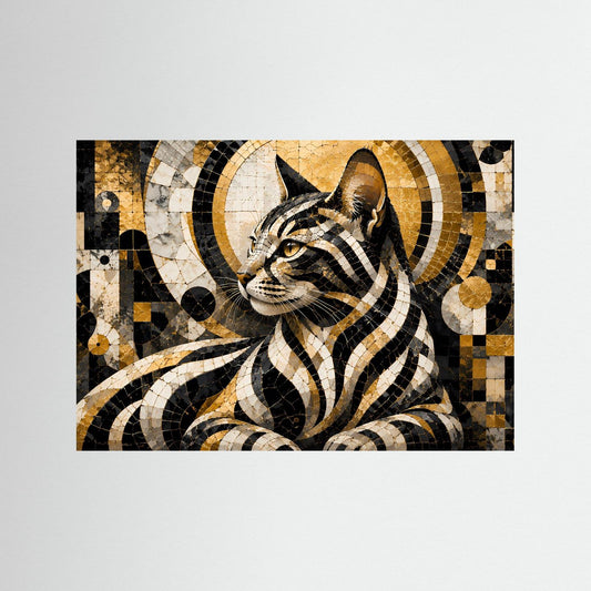 Poster im Querformat mit abstrakter Katze im Mosaikstil, Schwarz und Gold