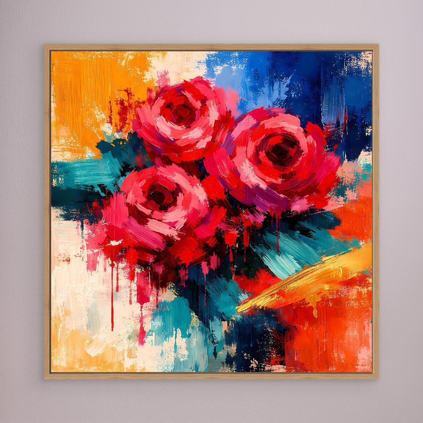Leinwand-Wandbild: abstrakte rote Rosen, goldbrauner Rahmen