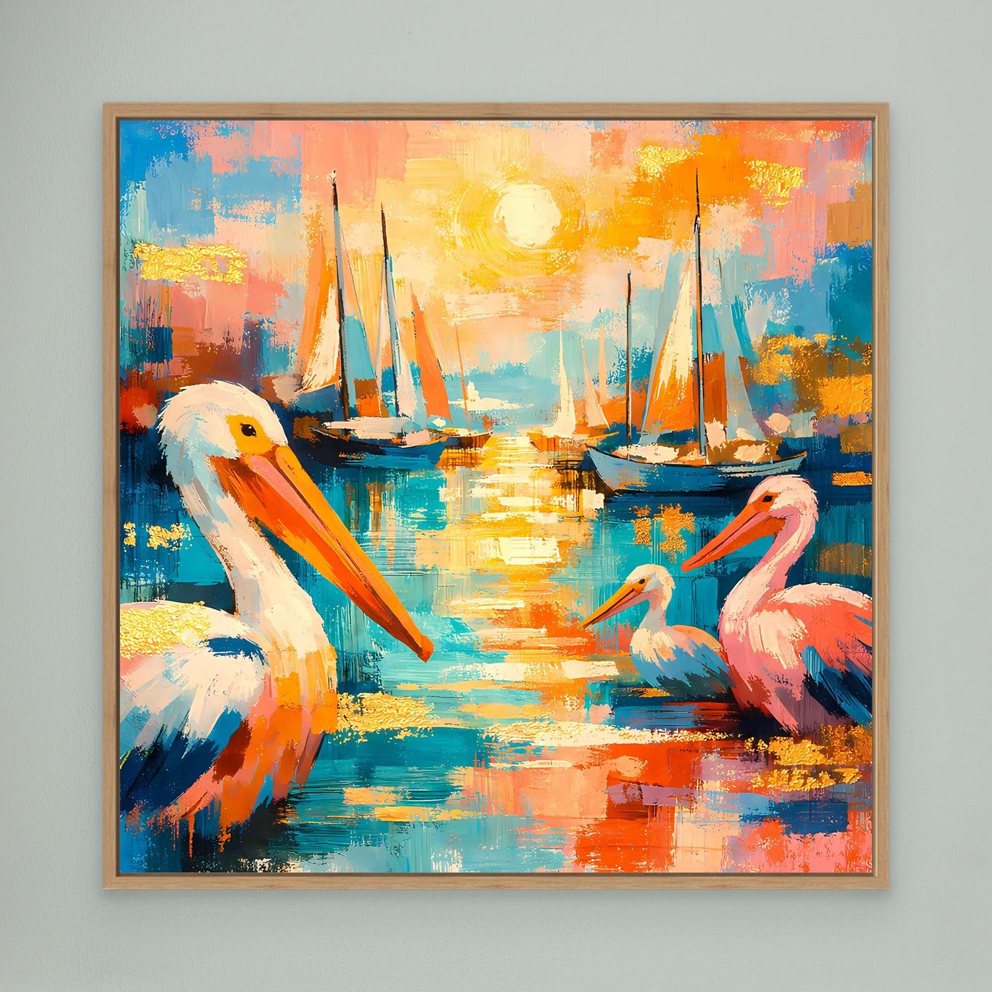 Leinwandbild mit bunten Pelikanen am Hafen und Segelbooten, im Eichenholzrahmen