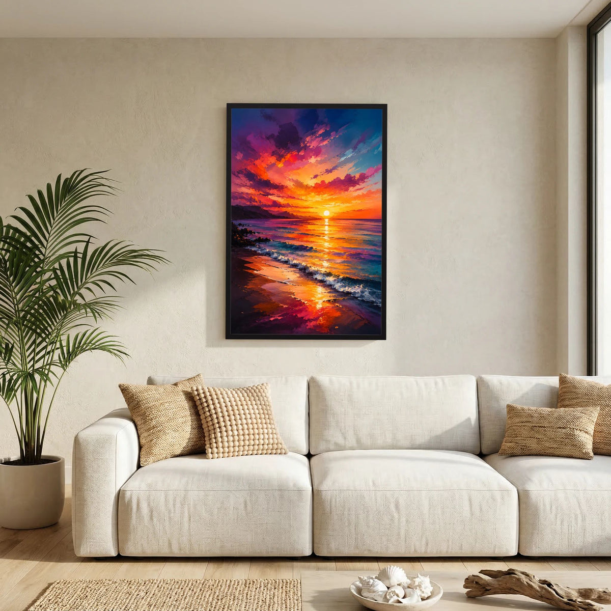 Kunstposter Sonnenuntergang am Meer mit farbigem Strand, schwarz gerahmt, Hochformat