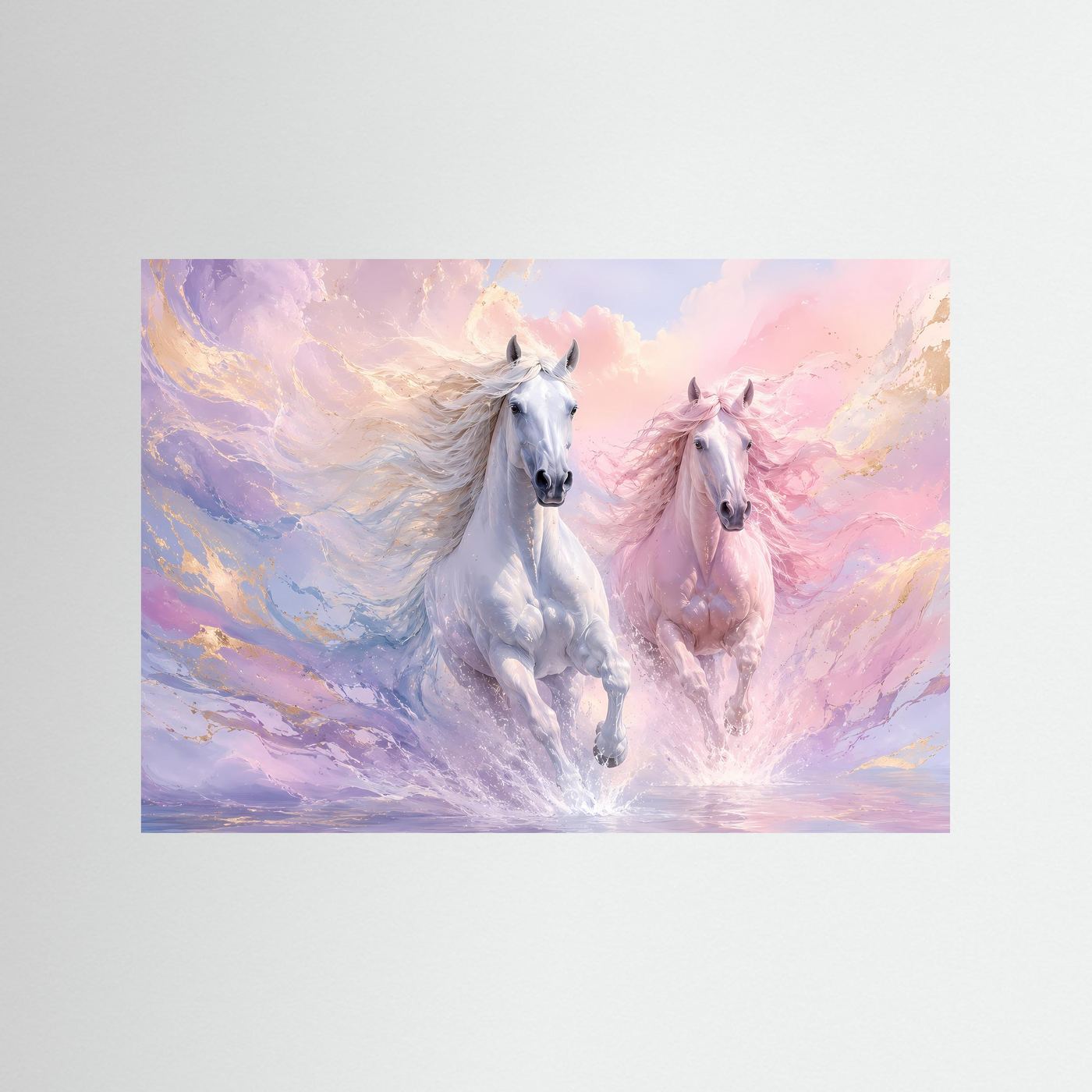 Pferde Poster Querformat | Elegante Weiße Pferde in Pastellfarben | Modernes Wandbild mit Goldakzenten
