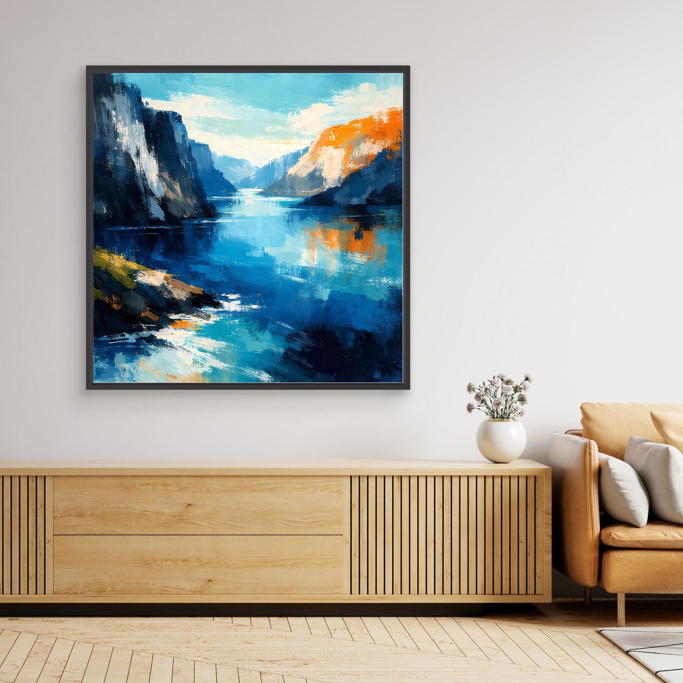 Leinwand Abstraktes Fjord Gemälde | Modernes Norwegisches Wandbild Blau Orange