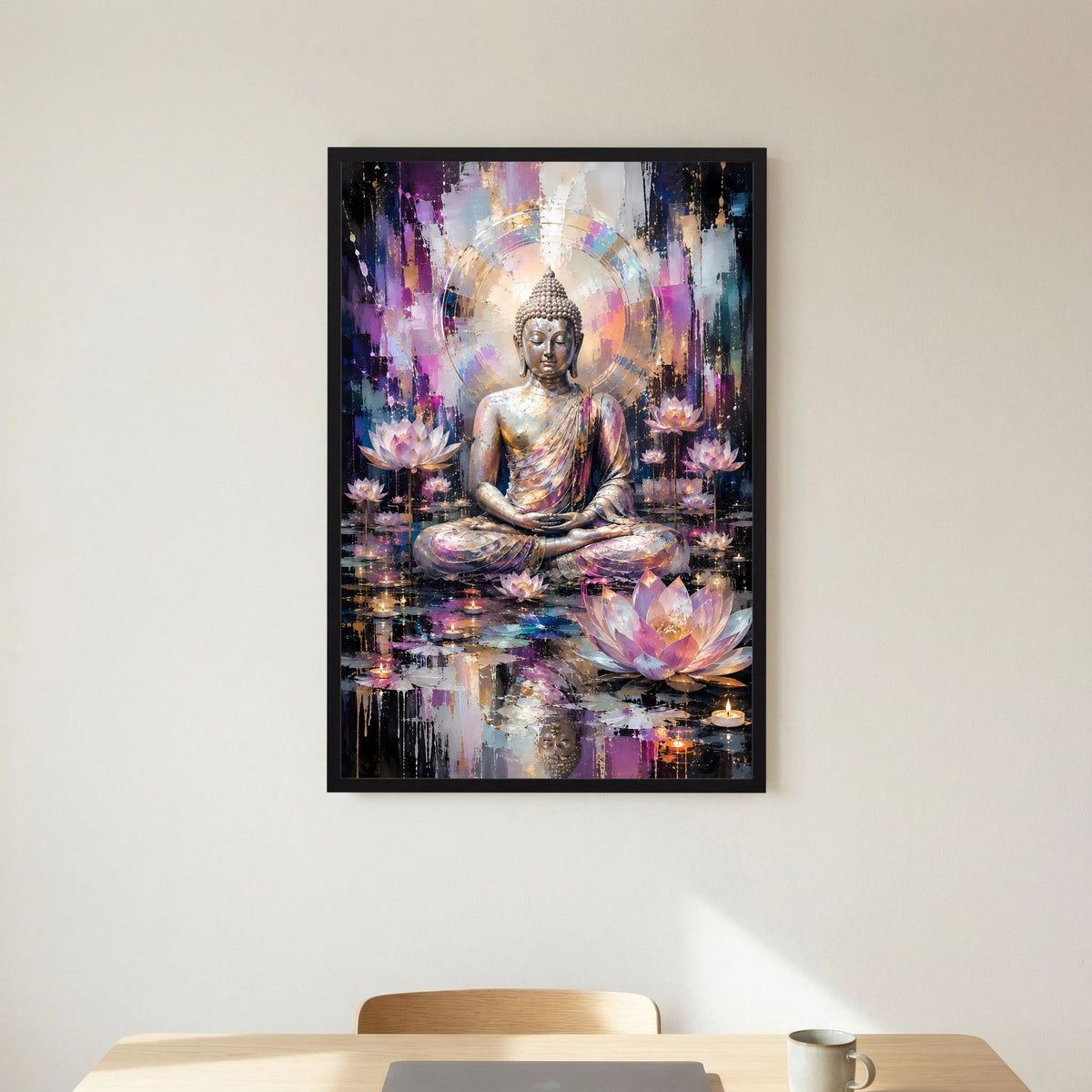 Hochformat-Poster im schwarzen Rahmen: sitzender Buddha mit Lotusblüten, abstrakter Farbmix.
