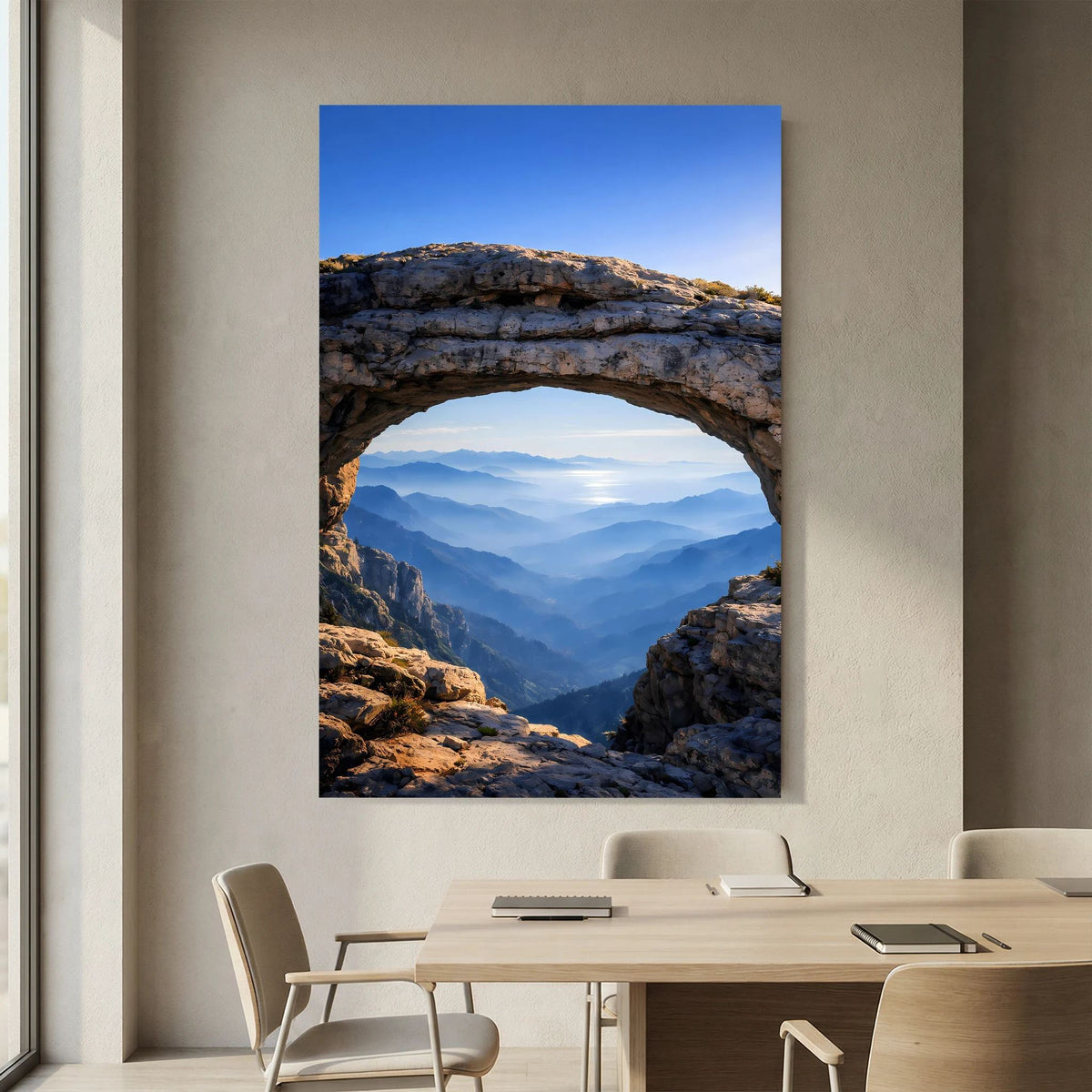 Hochformatiges Poster mit Felsbogenrahmen und Blick in eine bewaldete Bergschlucht