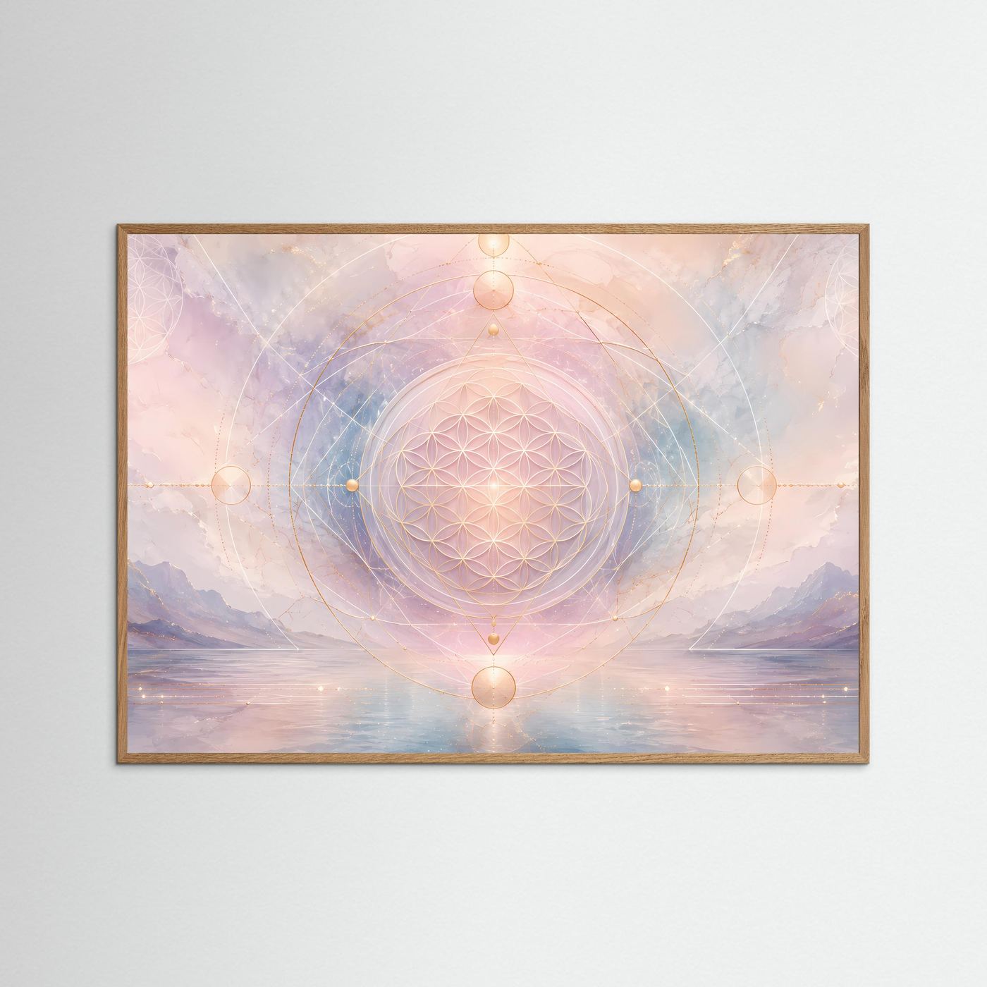 Gerahmtes Poster: Blume-des-Lebens-Mandala in Pastellrosa und Blau, helle Eichenrahmung.