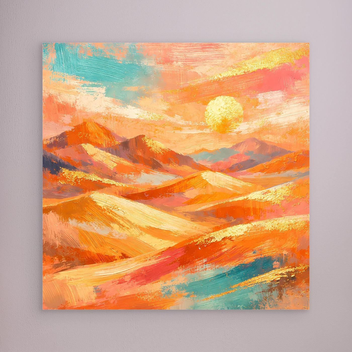 Abstraktes Leinwandbild ohne Rahmen, orange Wüstenlandschaft mit gelber Sonnenscheibe