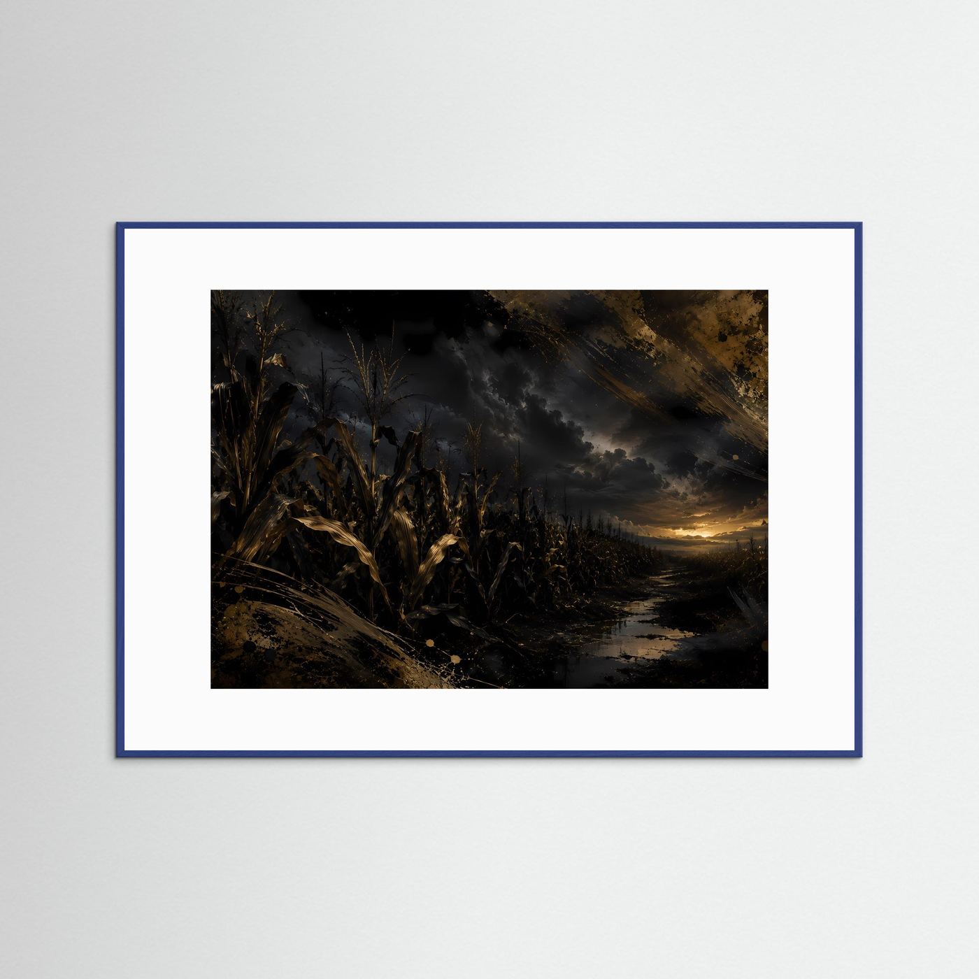 Dunkles Maisfeld bei Sonnenuntergang | Mystische Landschaft in Schwarz & Gold