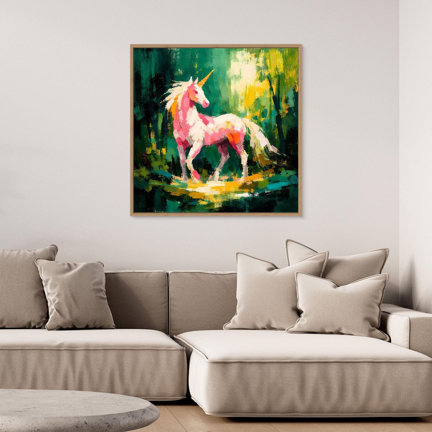 Leinwand Anmutiges Einhorn im Zauberwald | Abstraktes Fantasy & Natur Wandbild