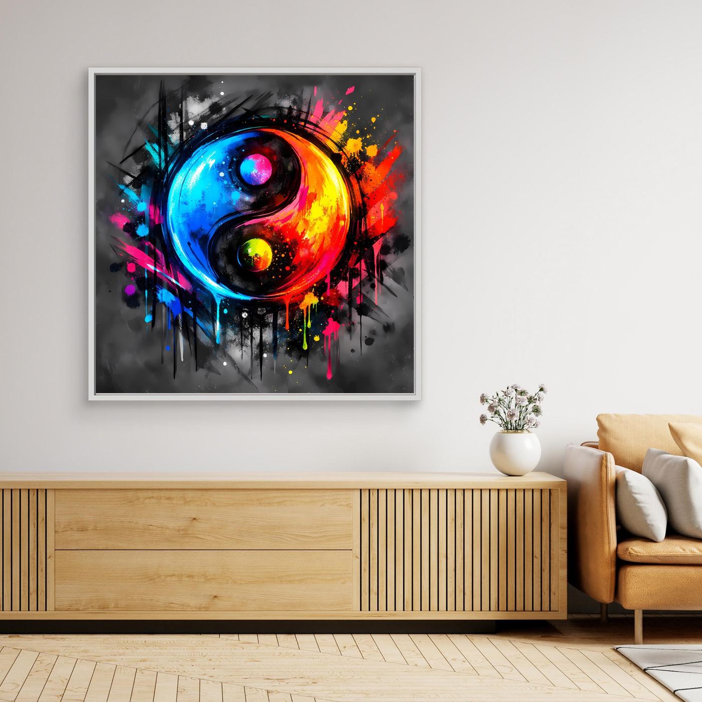 Weiß gerahmtes Leinwandbild mit buntem Yin-Yang auf dunklem Untergrund