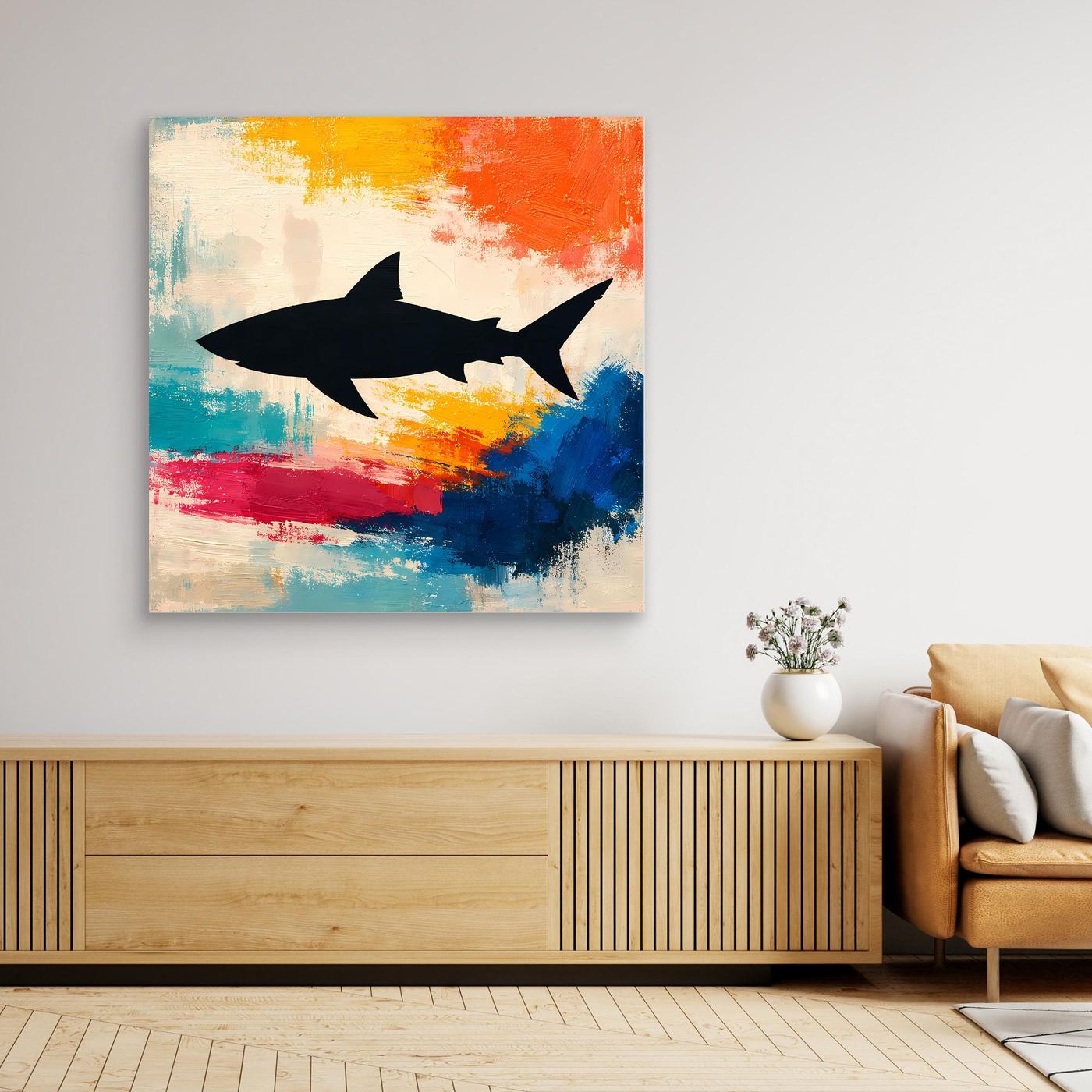 Leinwand Minimalistische Hai-Silhouette im Farbenmeer | Abstraktes Pop-Art Wandbild