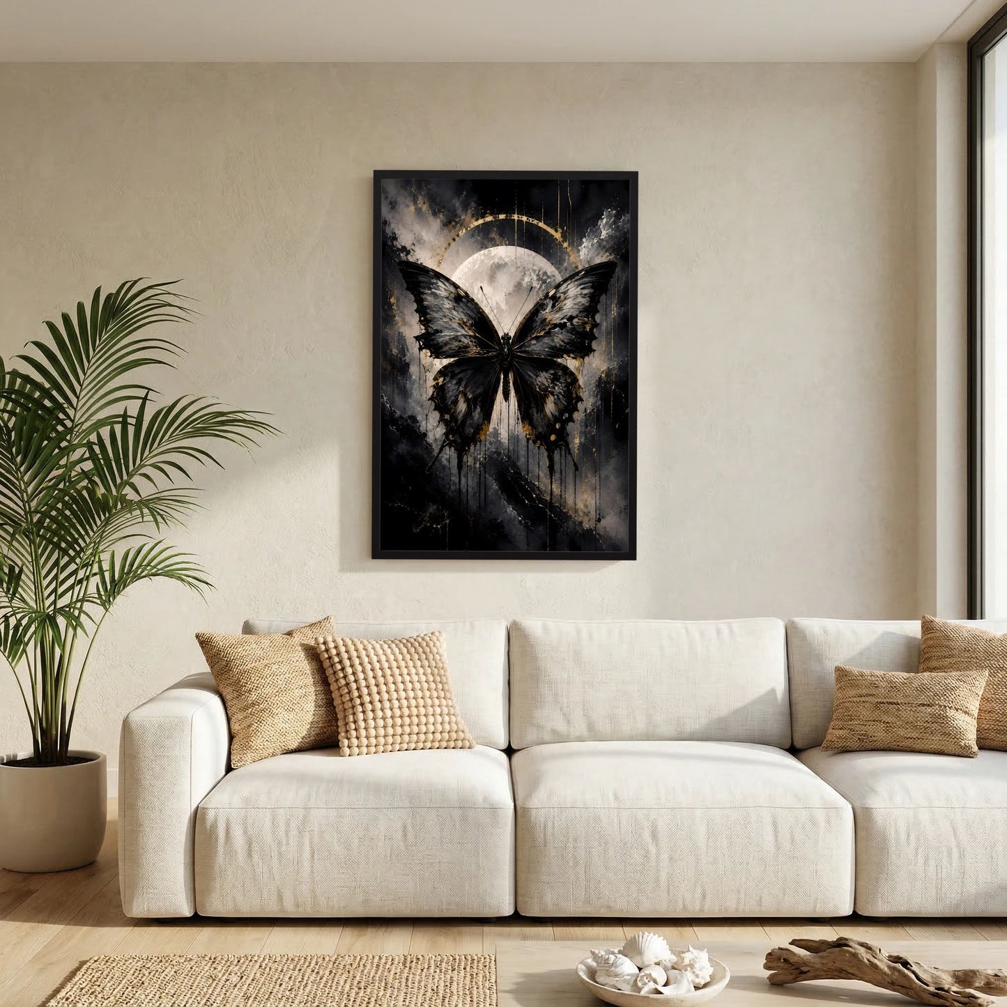 Wandposter im Hochformat mit schwarzem Rahmen: schwarzer Schmetterling vor Halbmond