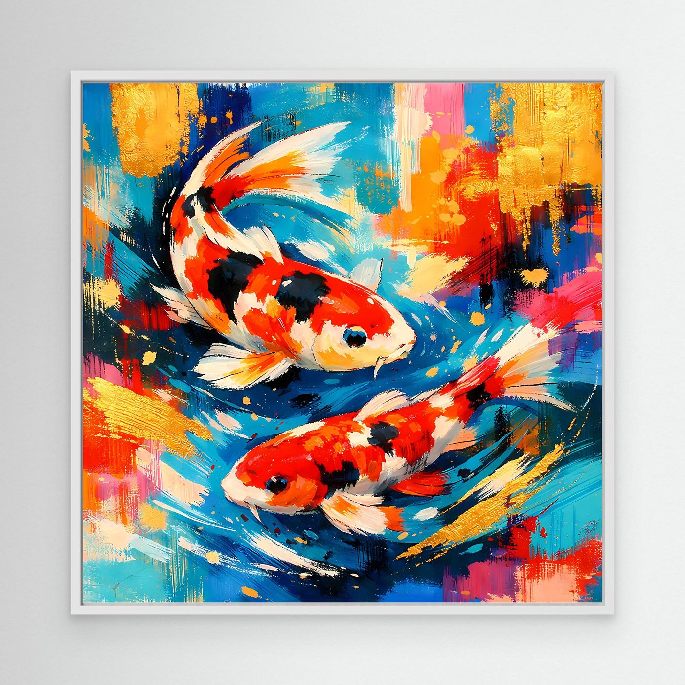 Leinwandbild mit zwei Koi-Fischen, abstrakte Pinselstriche in Blau und Rot, weißer Rahmen