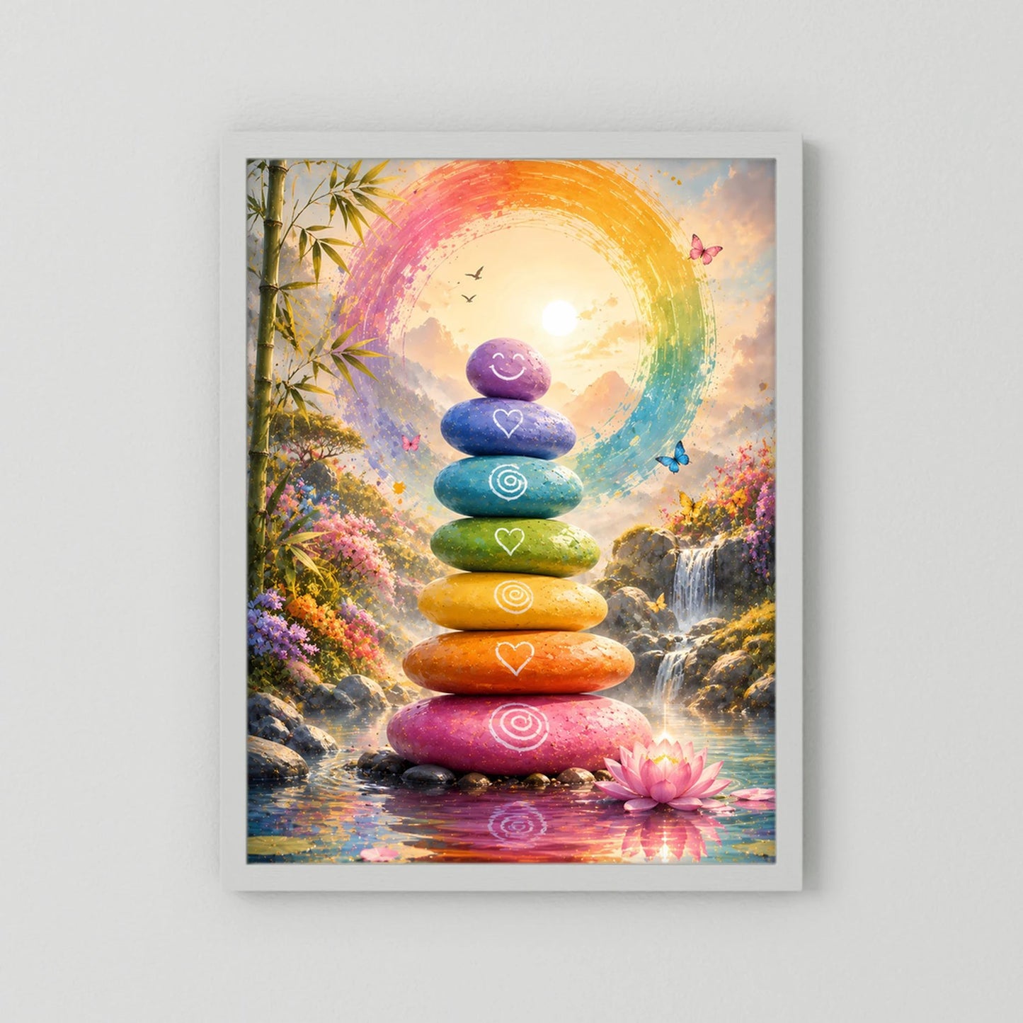 Poster im Hochformat mit weißem Rahmen: Regenbogen-Steinturm und Lotus
