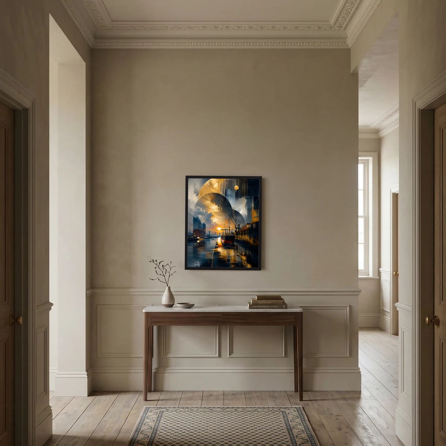 Gerahmtes Poster im Hochformat: abstrakter Hafen mit goldenen Details und blauem Dunst