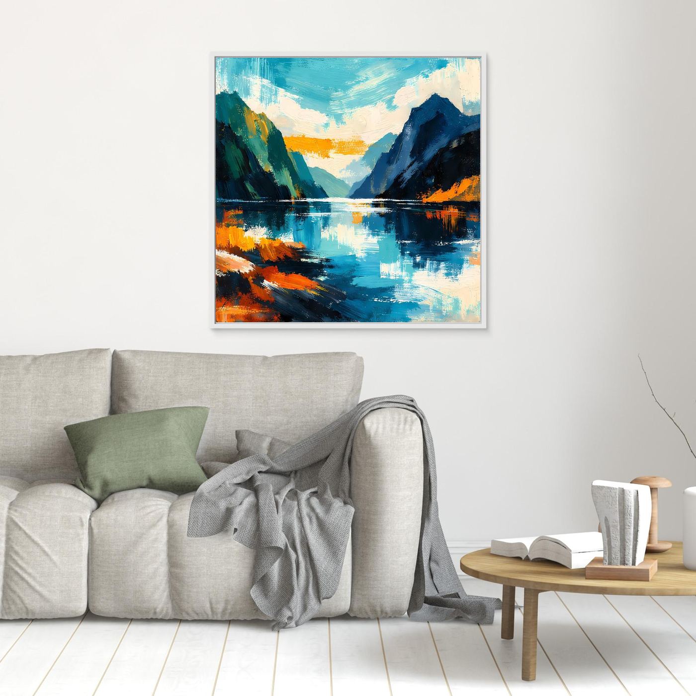 Kleines abstraktes Fjord-Wandbild in türkisblauen Farbtönen mit bunten Akzenten