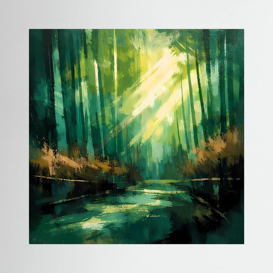 Abstraktes Wald-Lichtmotiv auf Leinwand: grüne Stämme, goldene Lichtstrahlen, dunkler Fluss