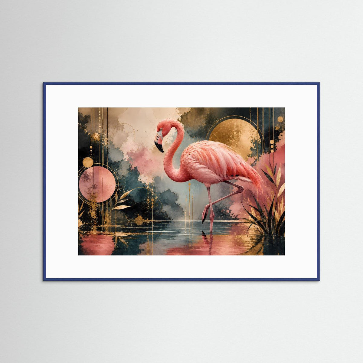 Gerahmtes Querformat-Poster mit rosa Flamingos und abstrakter Goldkunst im blauen Rahmen