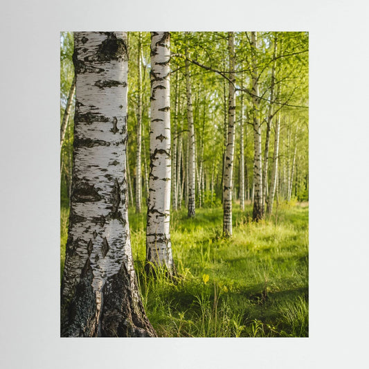Hochformatiges Poster mit Birkenwald und grünem Waldboden, helle Lichtung