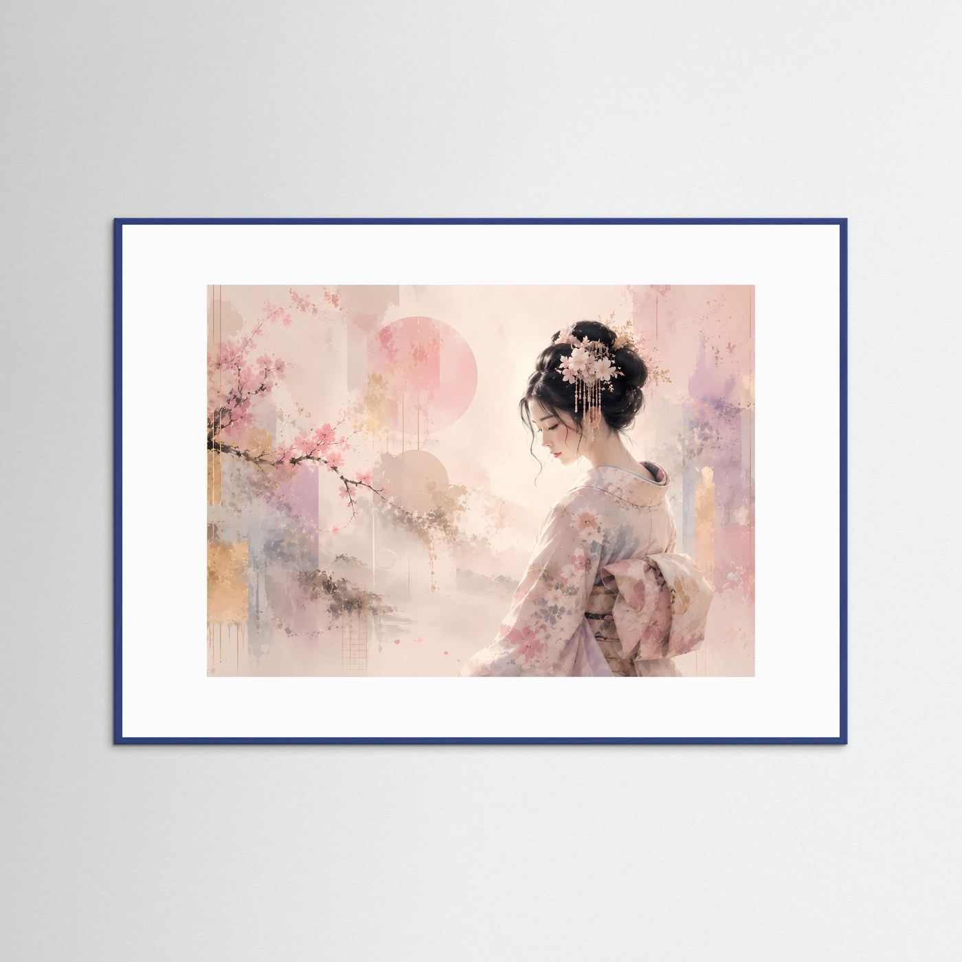Japanische Geisha mit Kirschblüten | Elegante Pastell Kunst