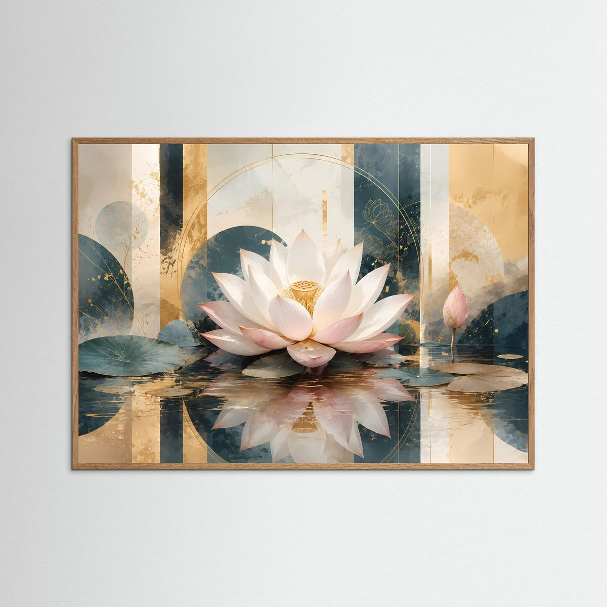 Gerahmtes Querformat-Poster mit Lotusblüte auf Wasser, natur Eichenrahmen, cremeblau
