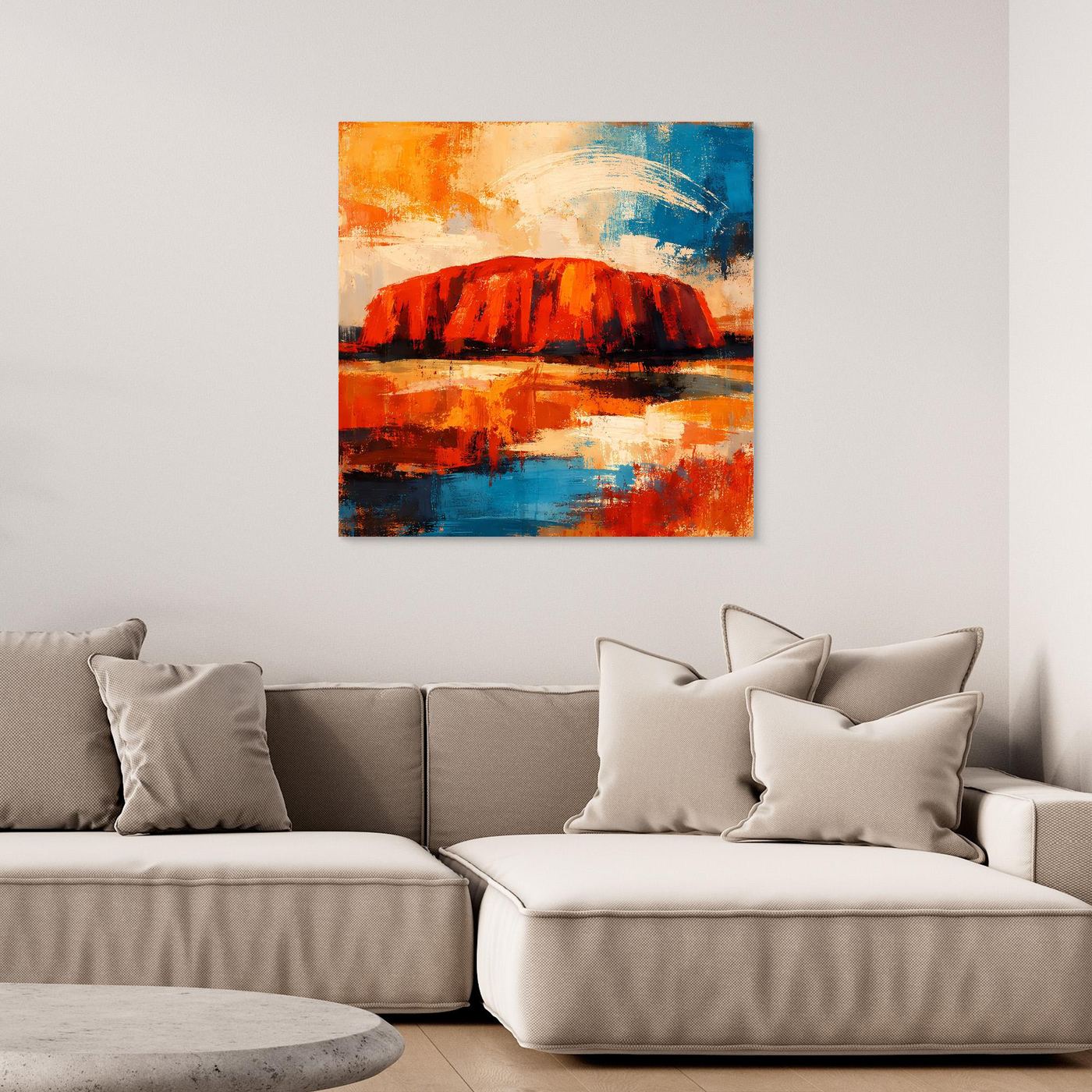 Abstraktes Leinwand-Wandbild: roter Felsen, blaues Meer, dunkel gerahmt