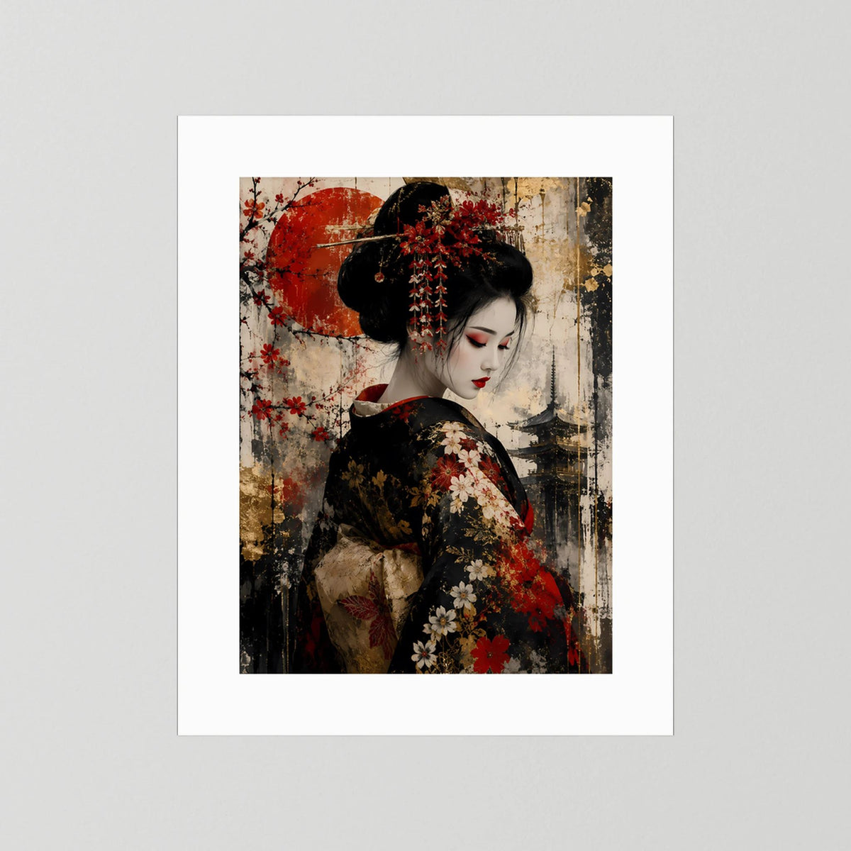 Poster mit weißem Rand: Frau im schwarzen Kimono mit roten Blüten und rotem Kreis.