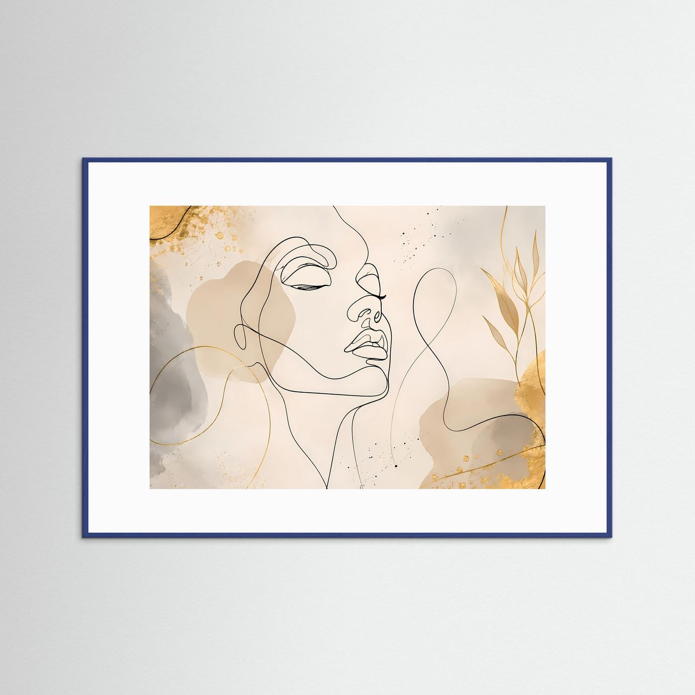Minimalistisches One Line Face Poster Beige Gold | Moderne Line Art Wandkunst Gesicht Querformat