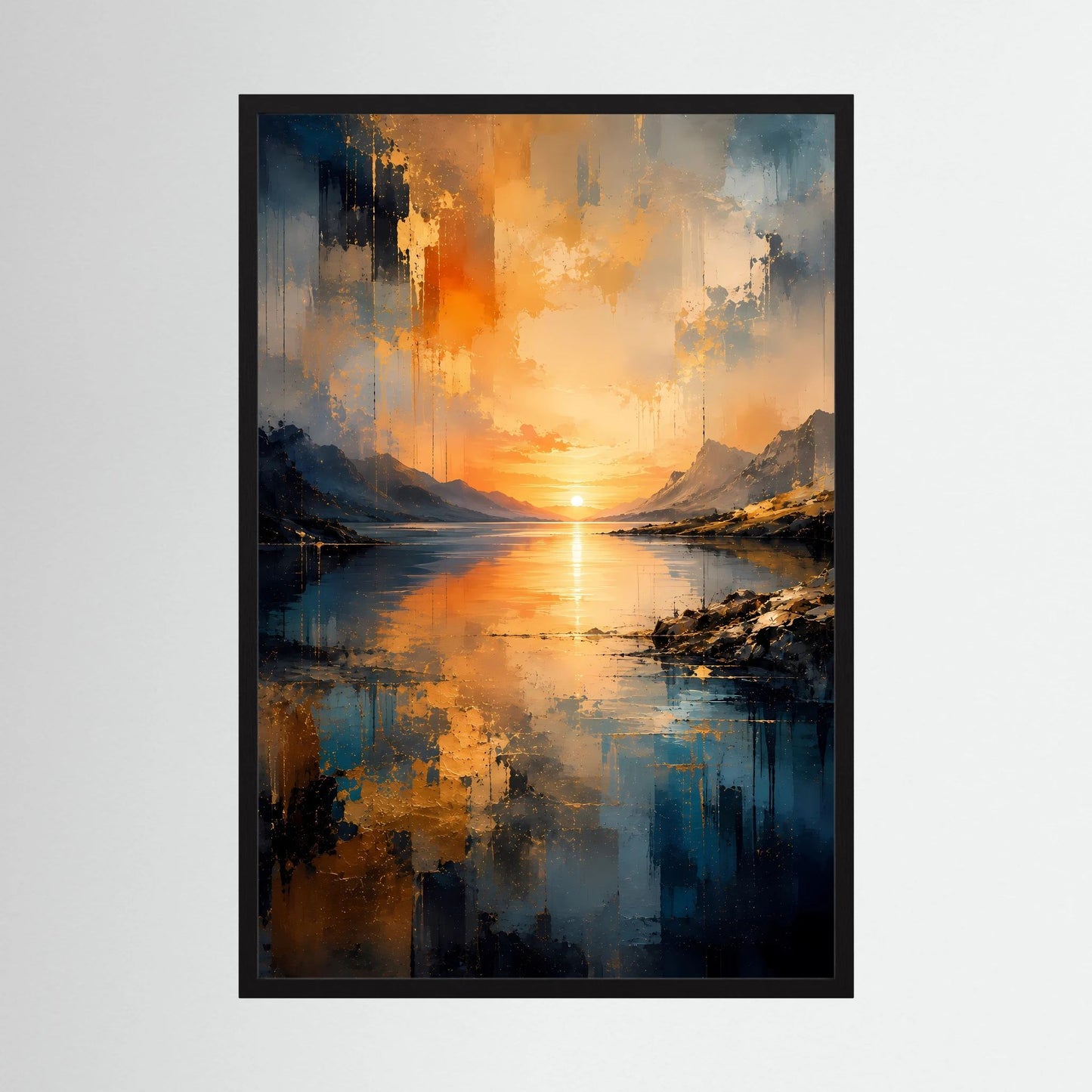 Hochformat-Poster mit abstrakter Berglandschaft am See, Sonnenuntergang in Blau und Orange