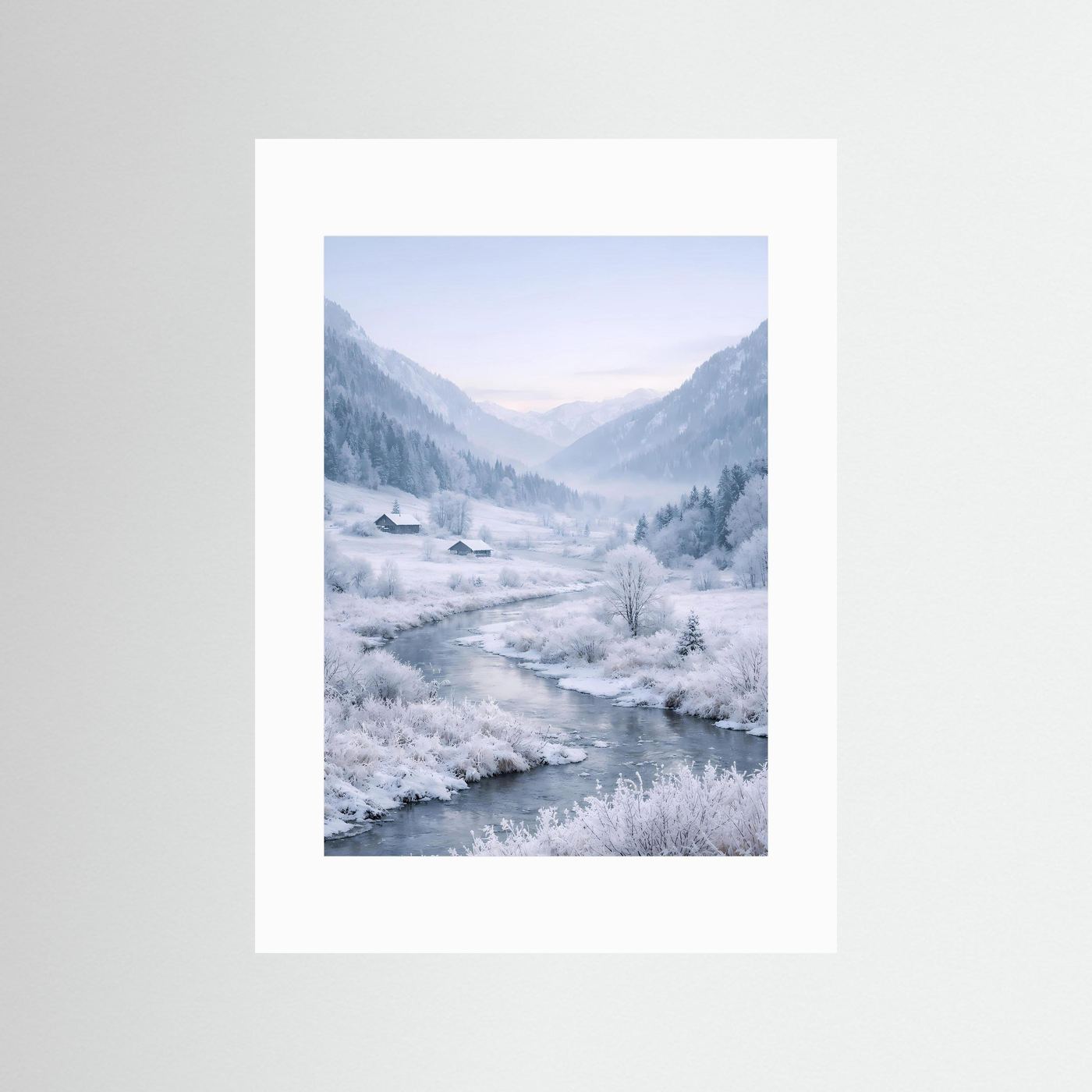 Wandposter Winterlandschaft mit Fluss, verschneiten Bäumen, Häusern und weißem Rahmen