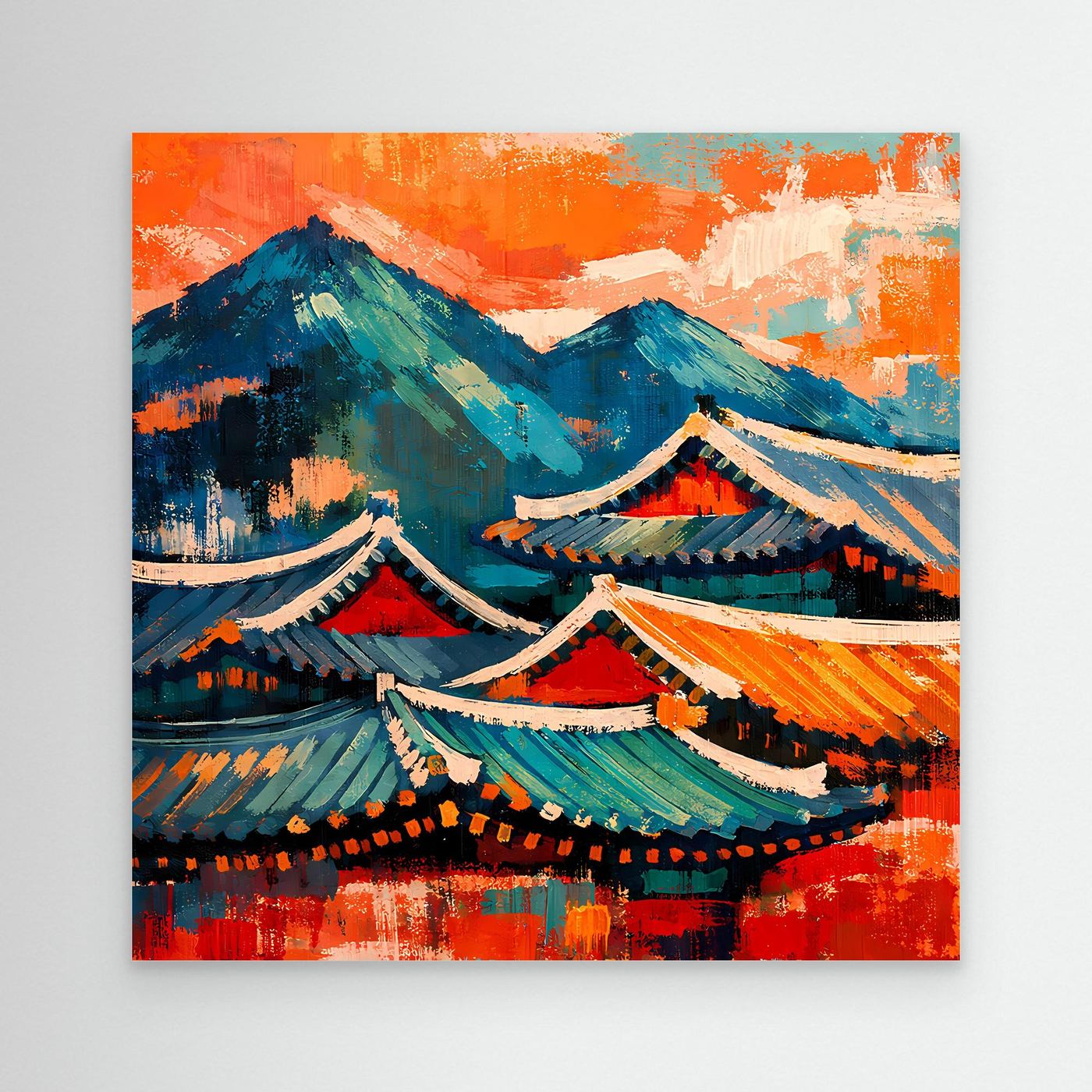 Leinwand-Wandbild mit abstrakten asiatischen Dächern und Bergen, ohne Rahmen