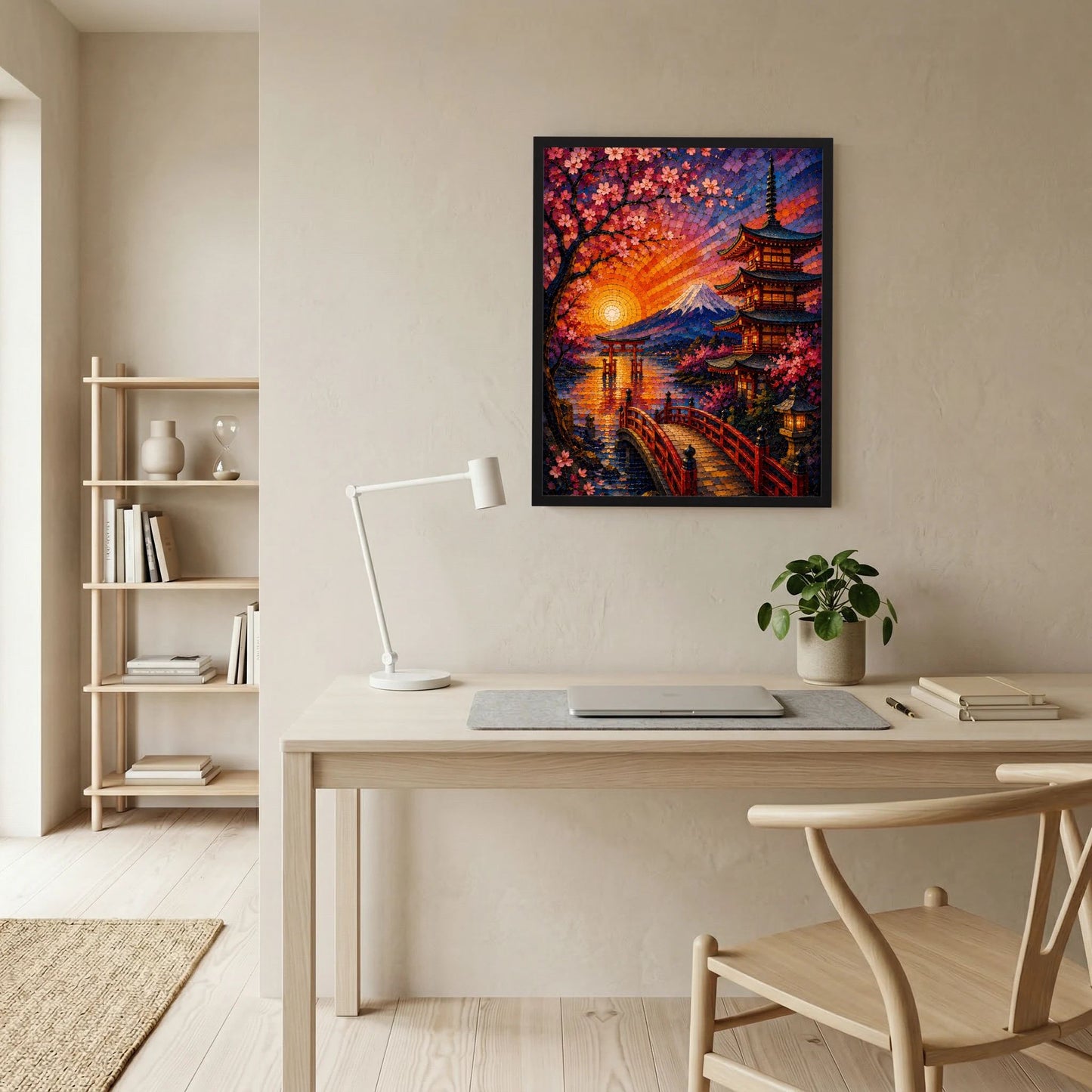 Hochformatposter im schwarzen Rahmen mit Kirschblüten, Pagode und Fuji bei Sonnenuntergang