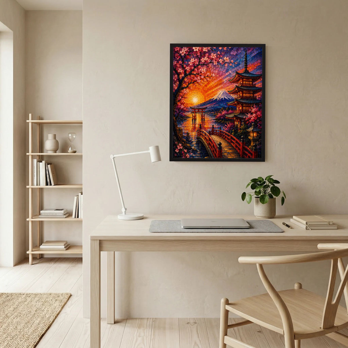 Hochformatposter im schwarzen Rahmen mit Kirschblüten, Pagode und Fuji bei Sonnenuntergang