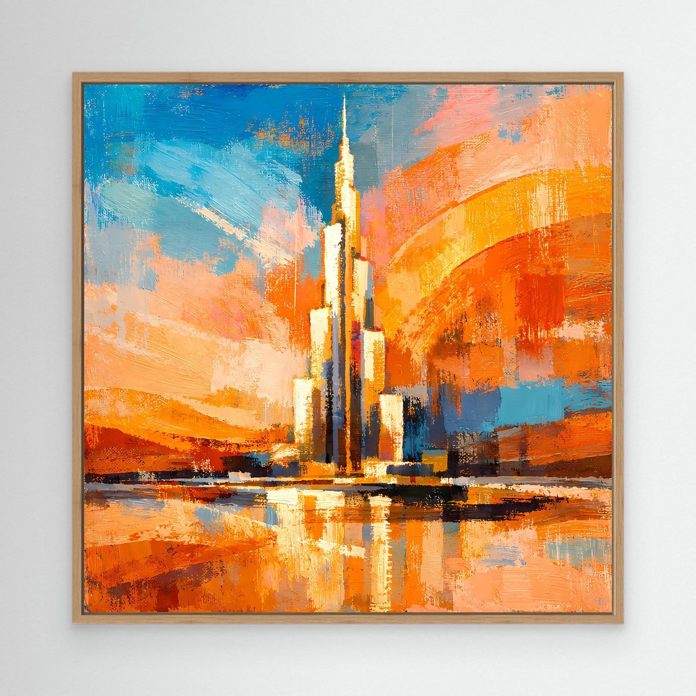 Abstraktes Leinwand-Wandbild mit Turm und Spiegelung, blau-orange, Holzrahmen