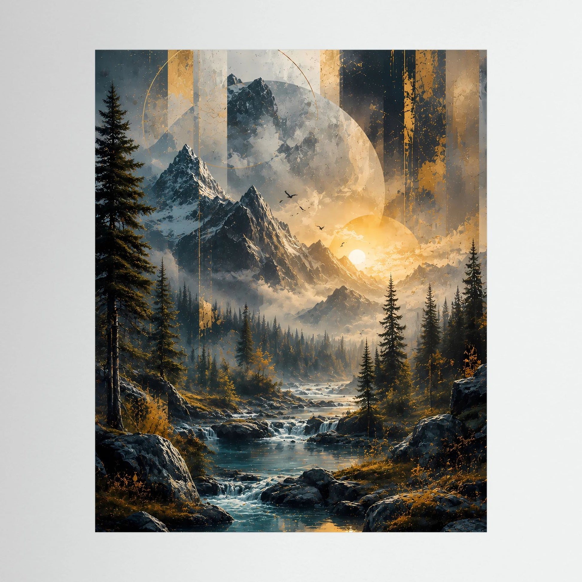 Poster mit Gebirge, Flusslauf und goldenen Lichteffekten, Hochformat