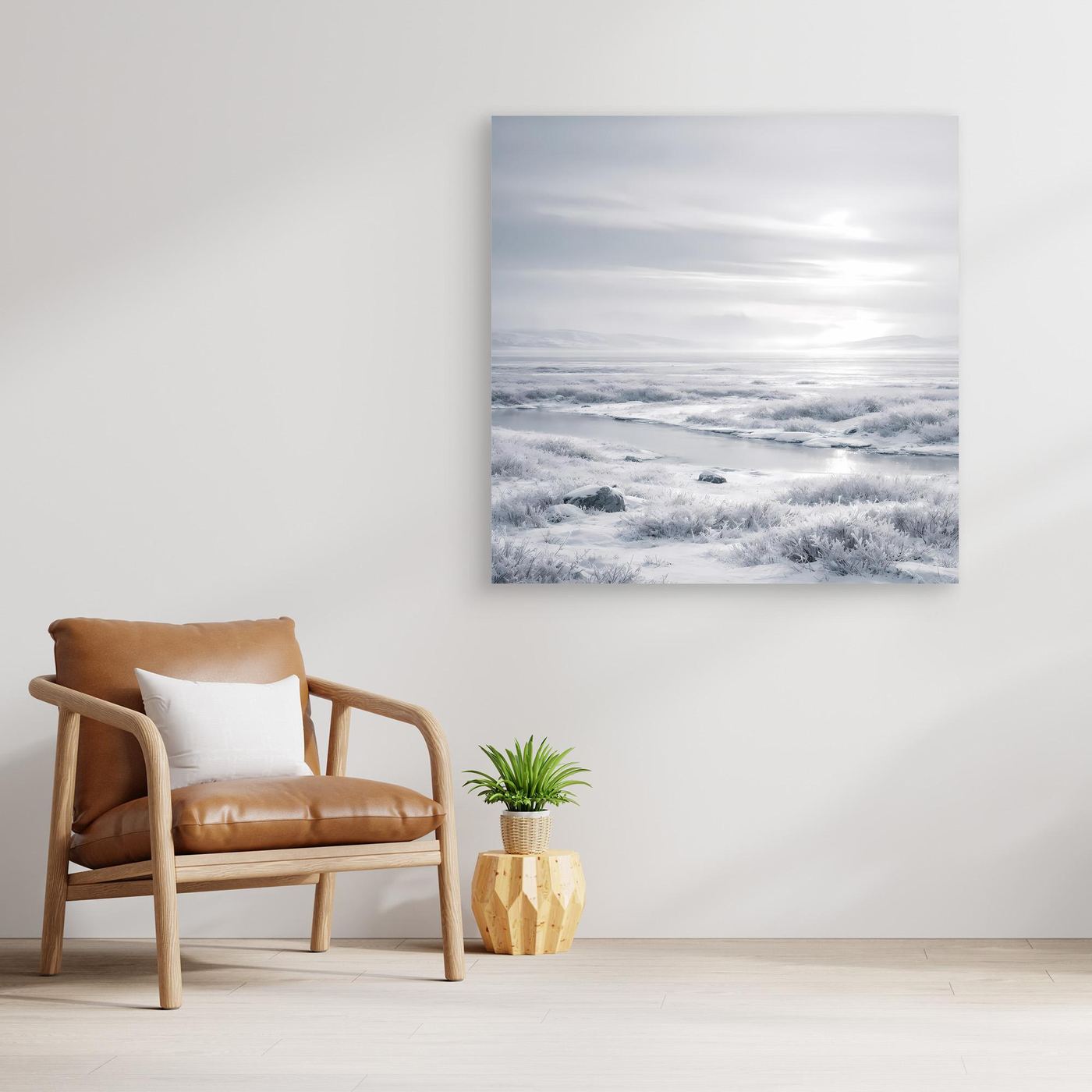 Ungëframtes Leinwandbild mit winterlicher Landschaft in Weiß und Grau